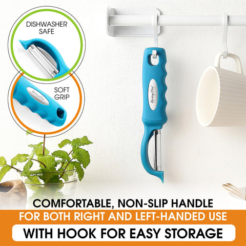 Spring Chef ergonomic design teal peeler reduces hand fatigue during prep.