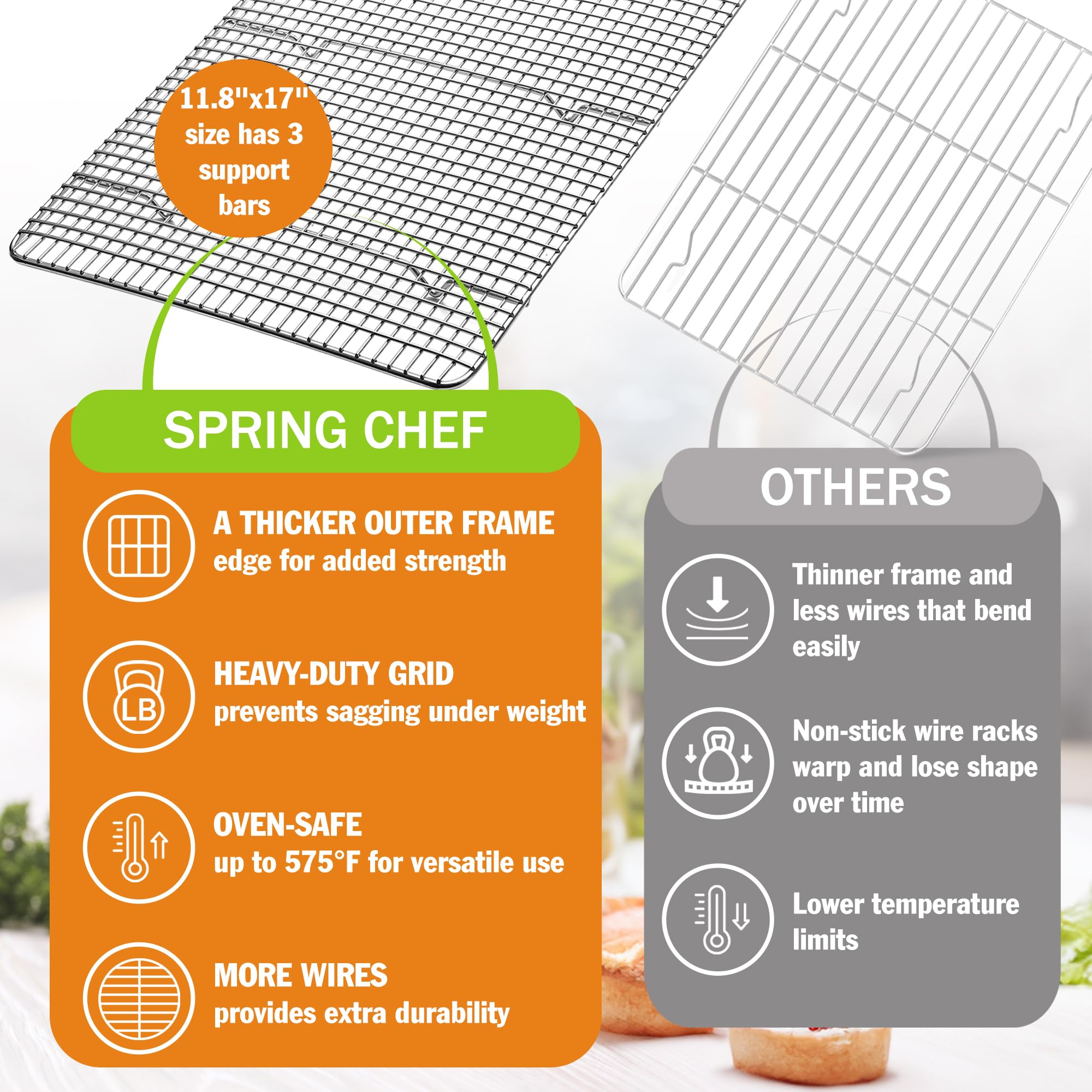 Spring Chef cooling rack close-up reveals heavy-gauge steel and corrosion resistance.