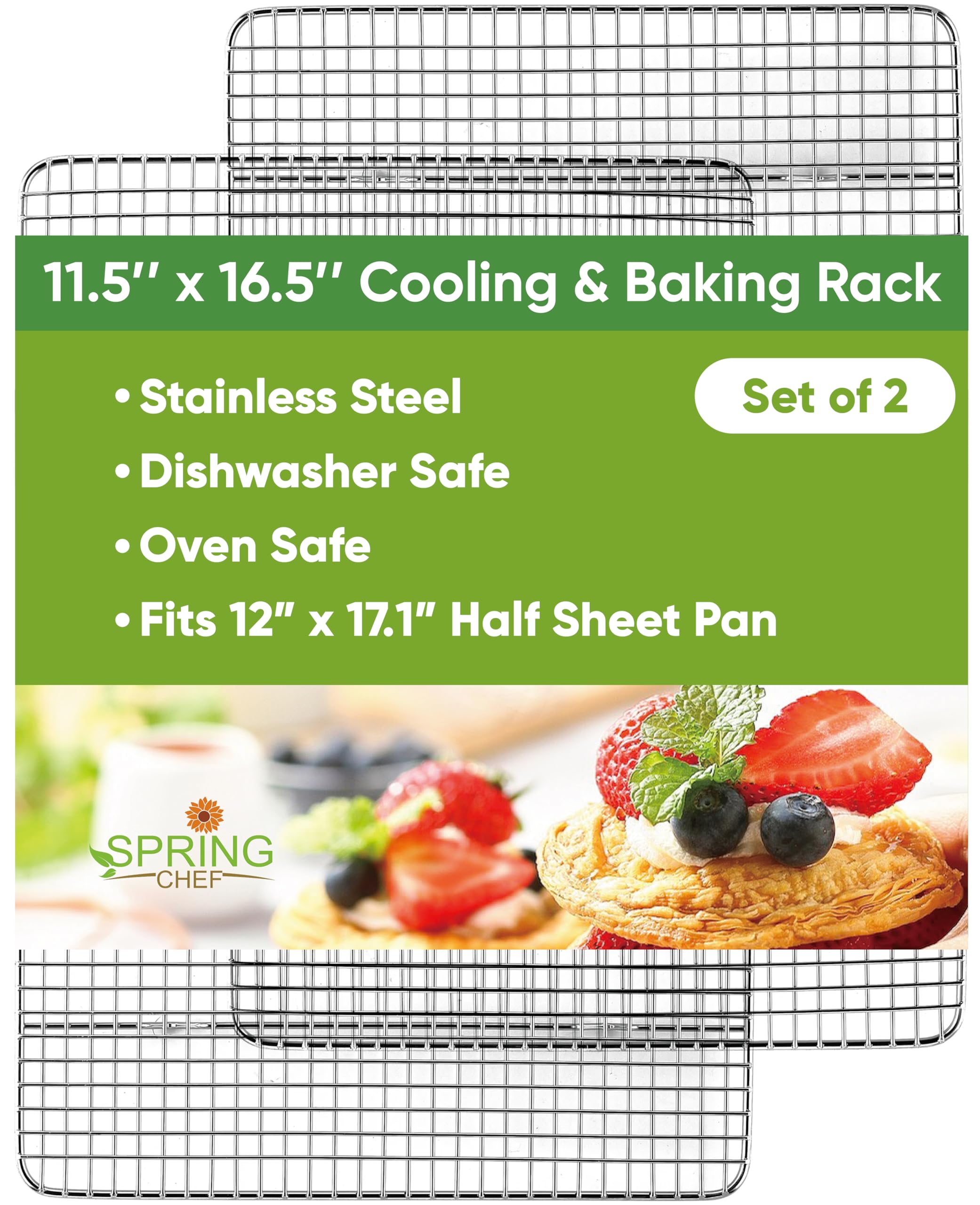 Spring Chef cooling rack, 11.5 x 16.5 inches, front view highlighting sturdy steel for even cooling.