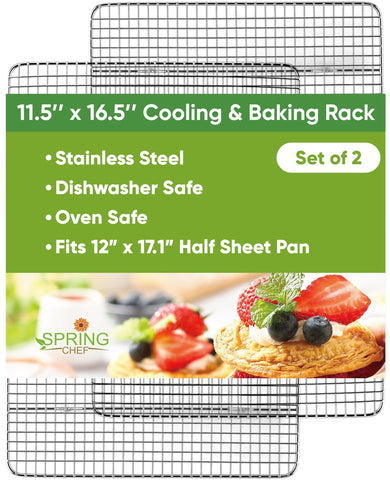 Spring Chef cooling rack, 11.5 x 16.5 inches, front view highlighting sturdy steel for even cooling.