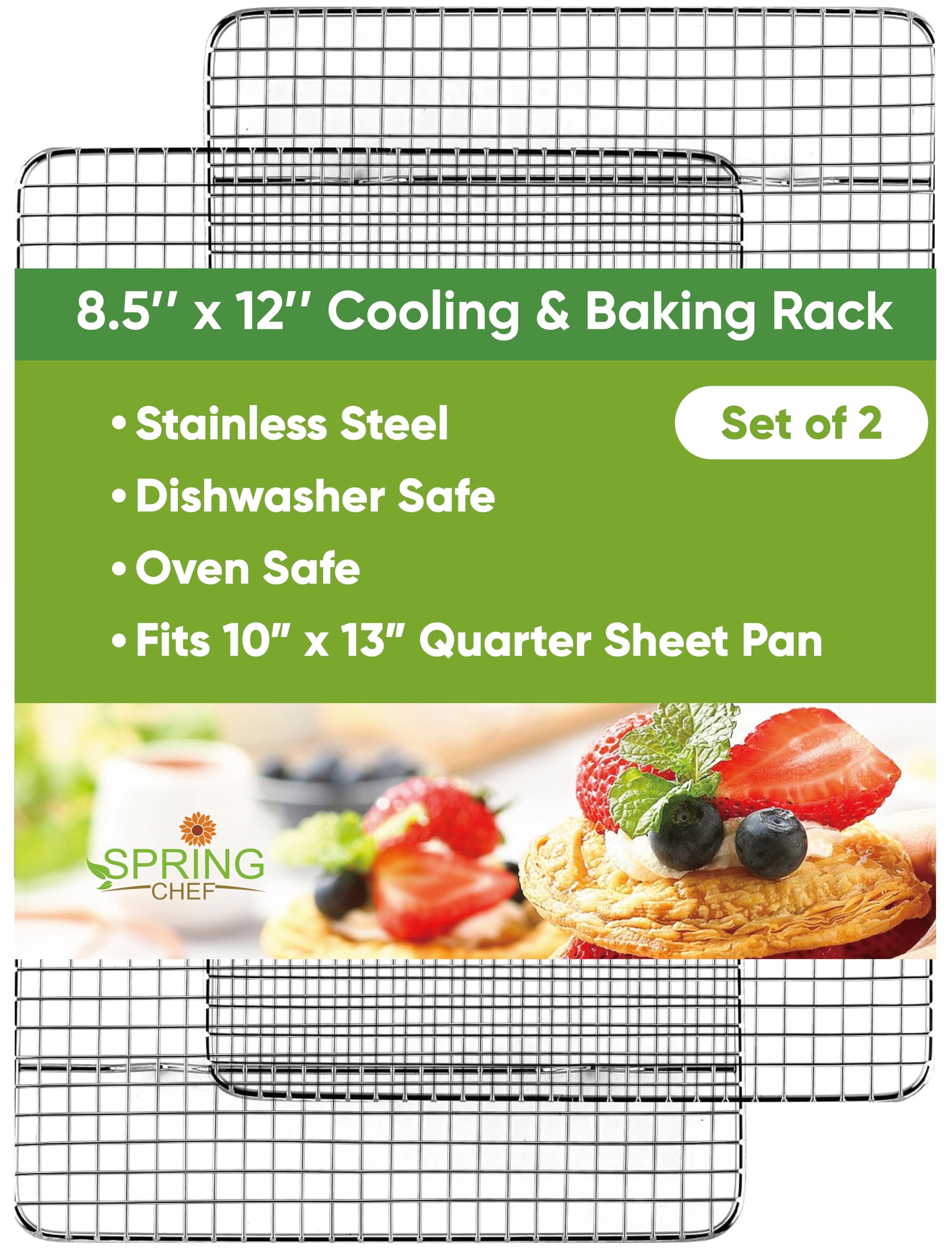 Spring Chef cooling rack 8.5x12 inch size shown for oven use and even air circulation