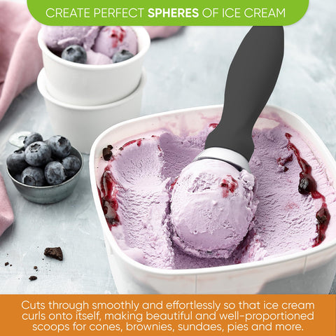 Spring Chef curved-edge ice cream scoop creates smooth curls.