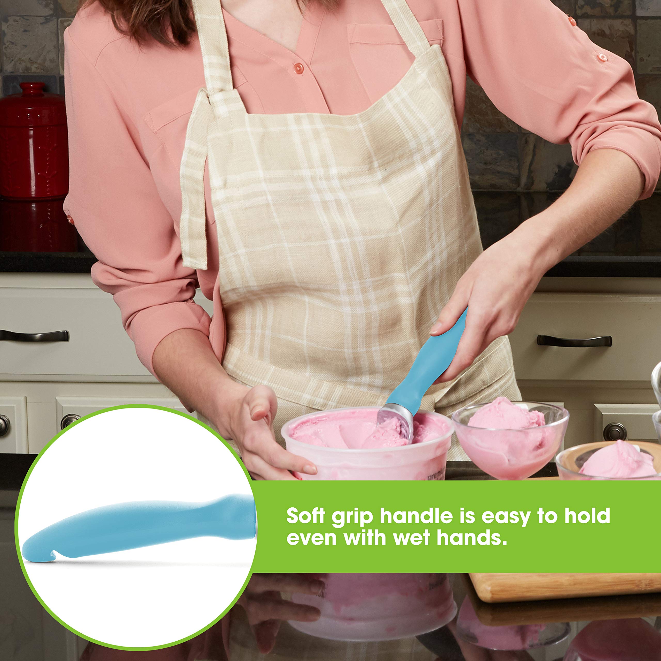 Spring Chef curved-scoop design digs into corners for even portions.