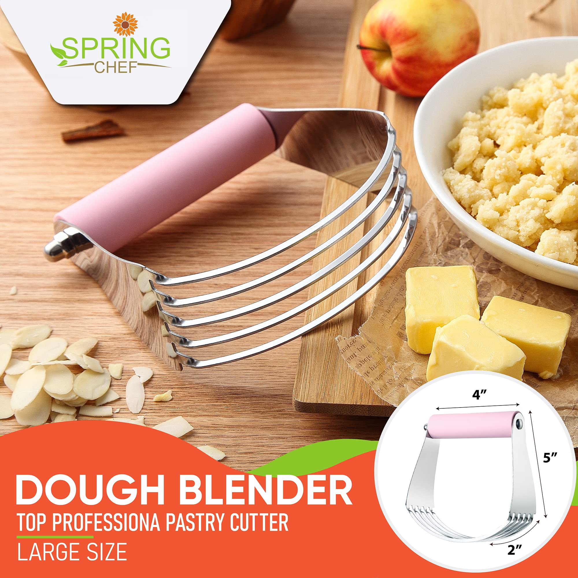 Spring Chef Pink Lemonade dough blender in hand over bowl for flaky pastry.