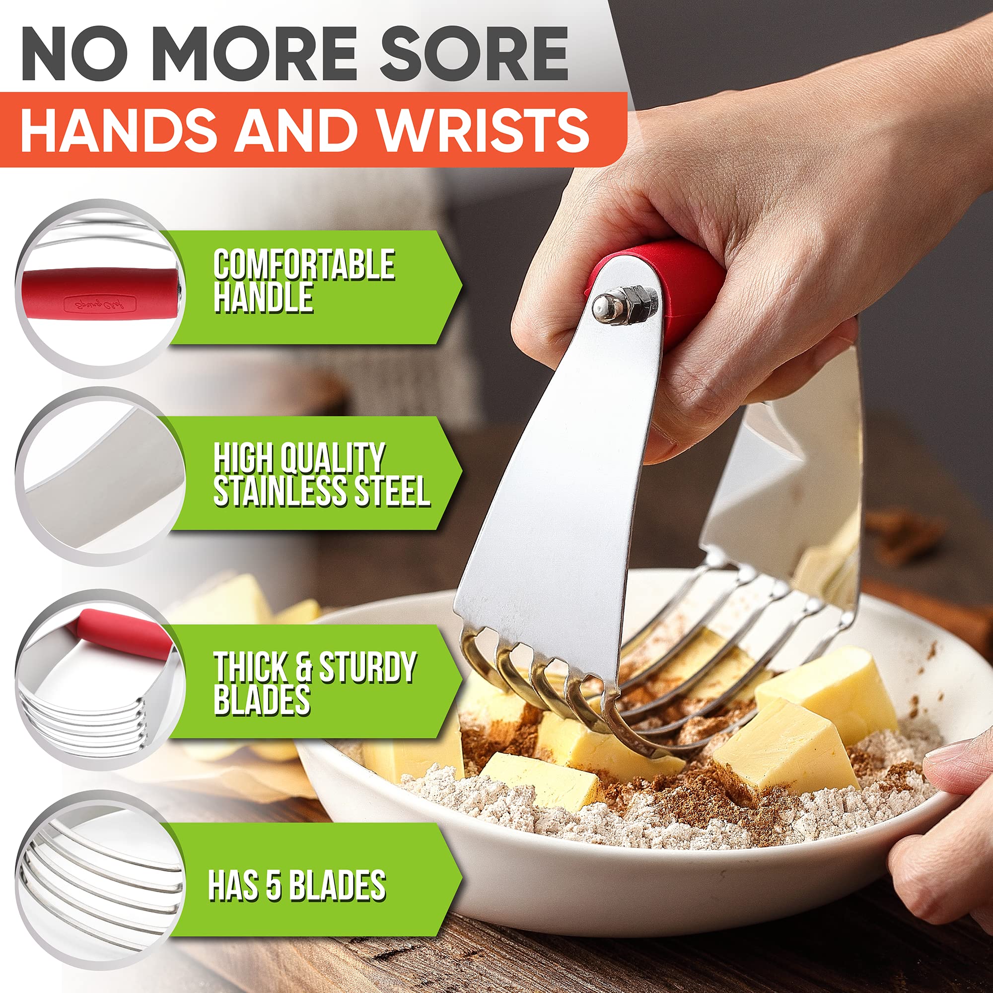 Spring Chef soft grip handle reduces hand fatigue during mixing