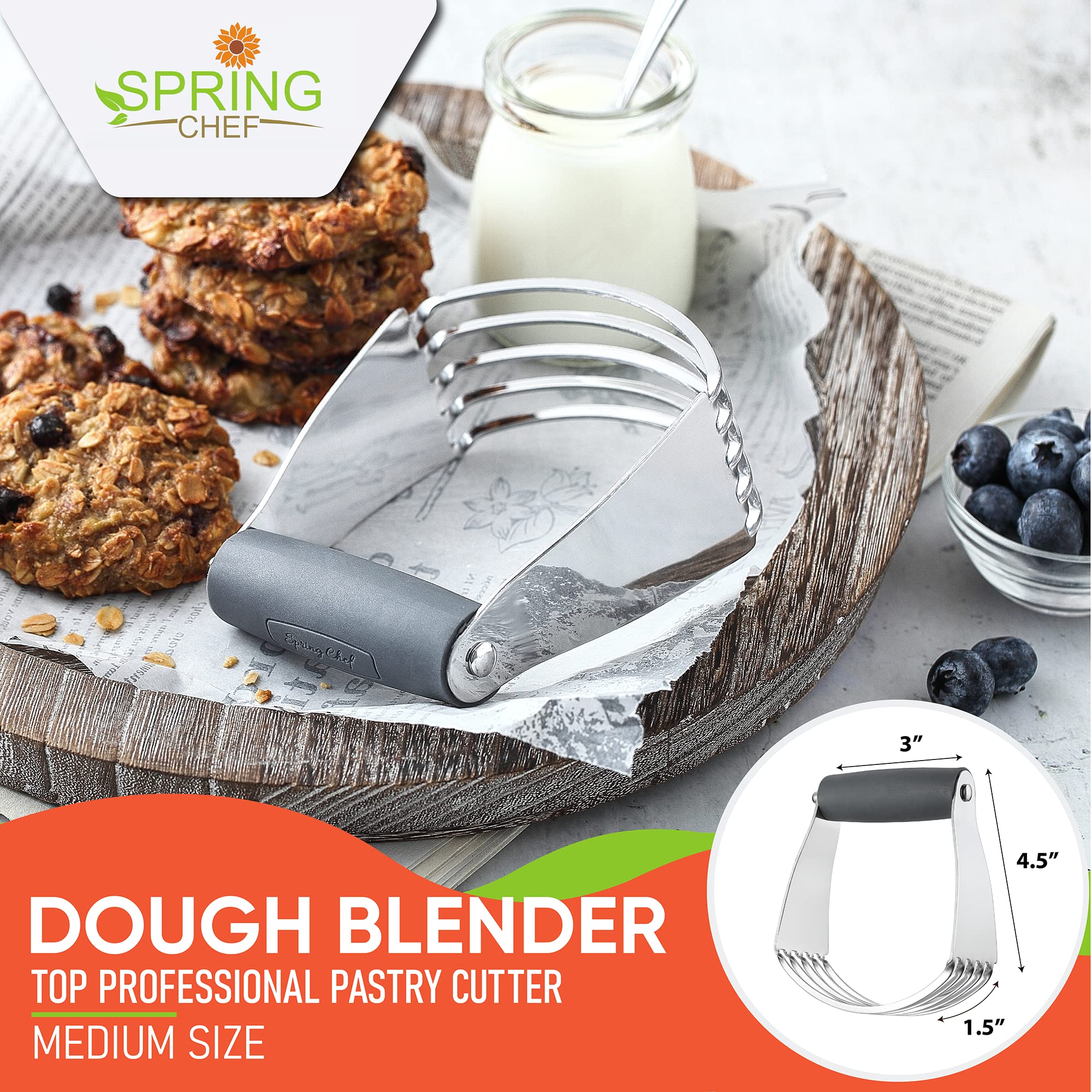 Spring Chef dough blender stainless steel blades enable efficient mixing for flaky pastries.