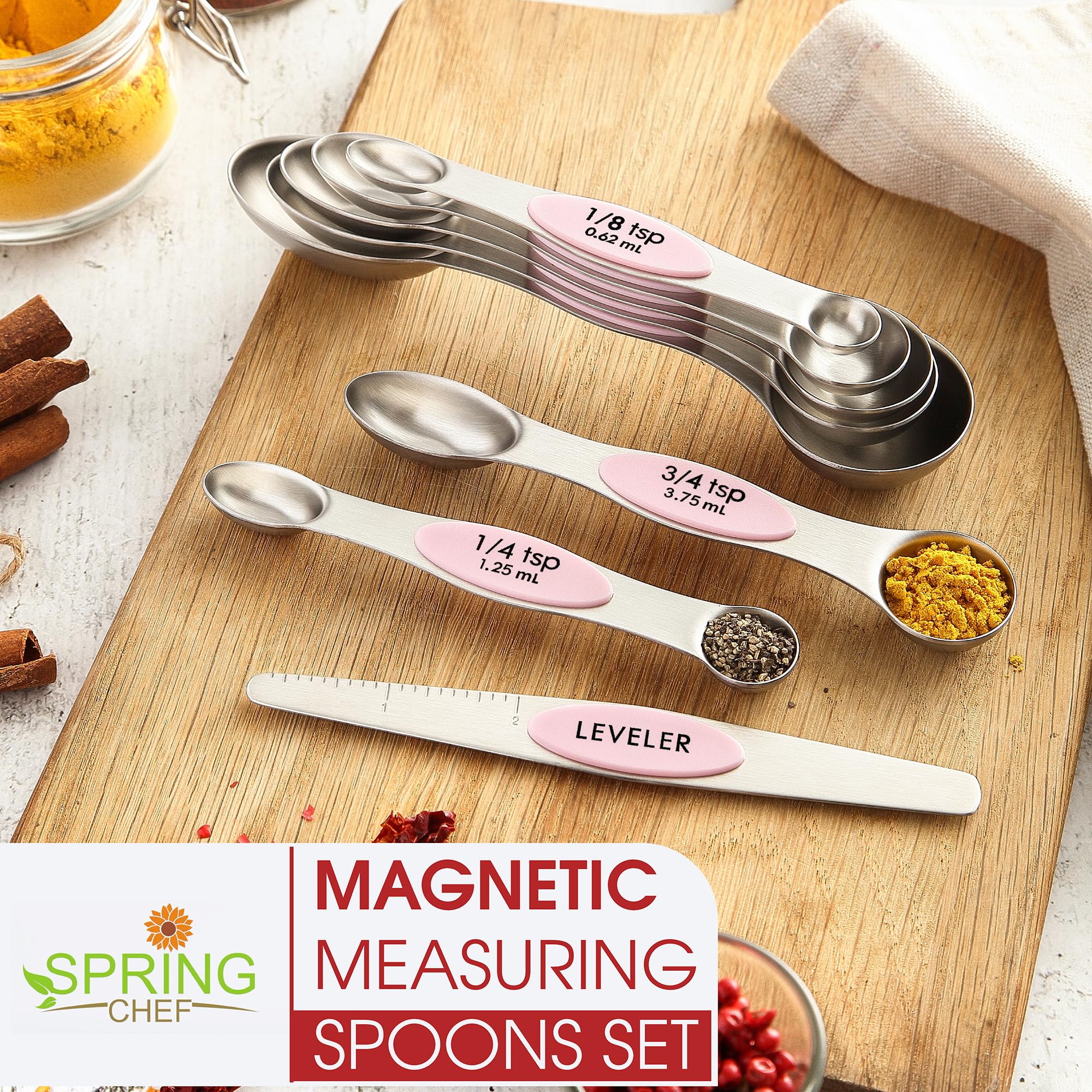 Spring Chef dual-sided spoon with spice-end fits jars neatly.