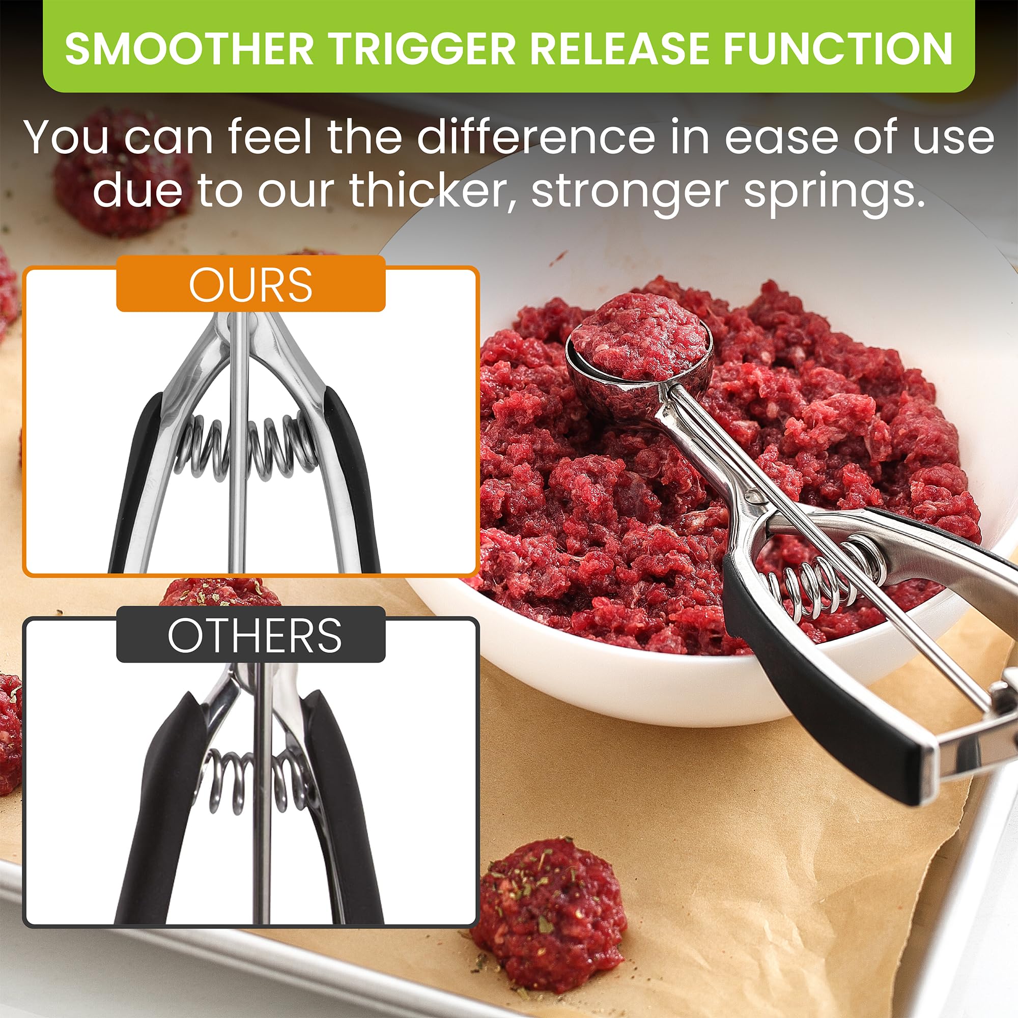 Spring Chef ergonomic handles for comfortable scooping and reduced wrist strain.