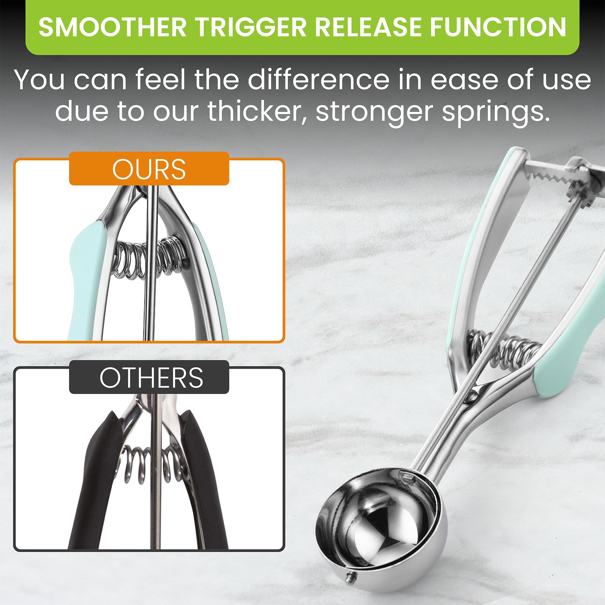 Spring Chef ergonomic handle offers comfortable grip during scooping.