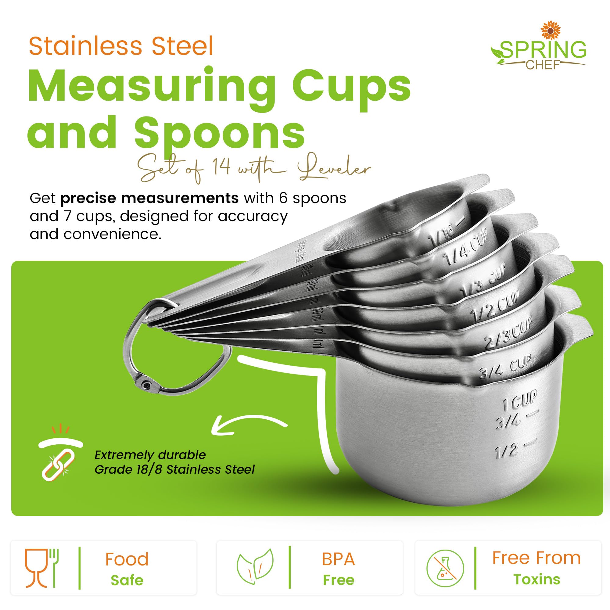 Spring Chef ergonomic long-handle spoons for comfortable scooping and leveling.