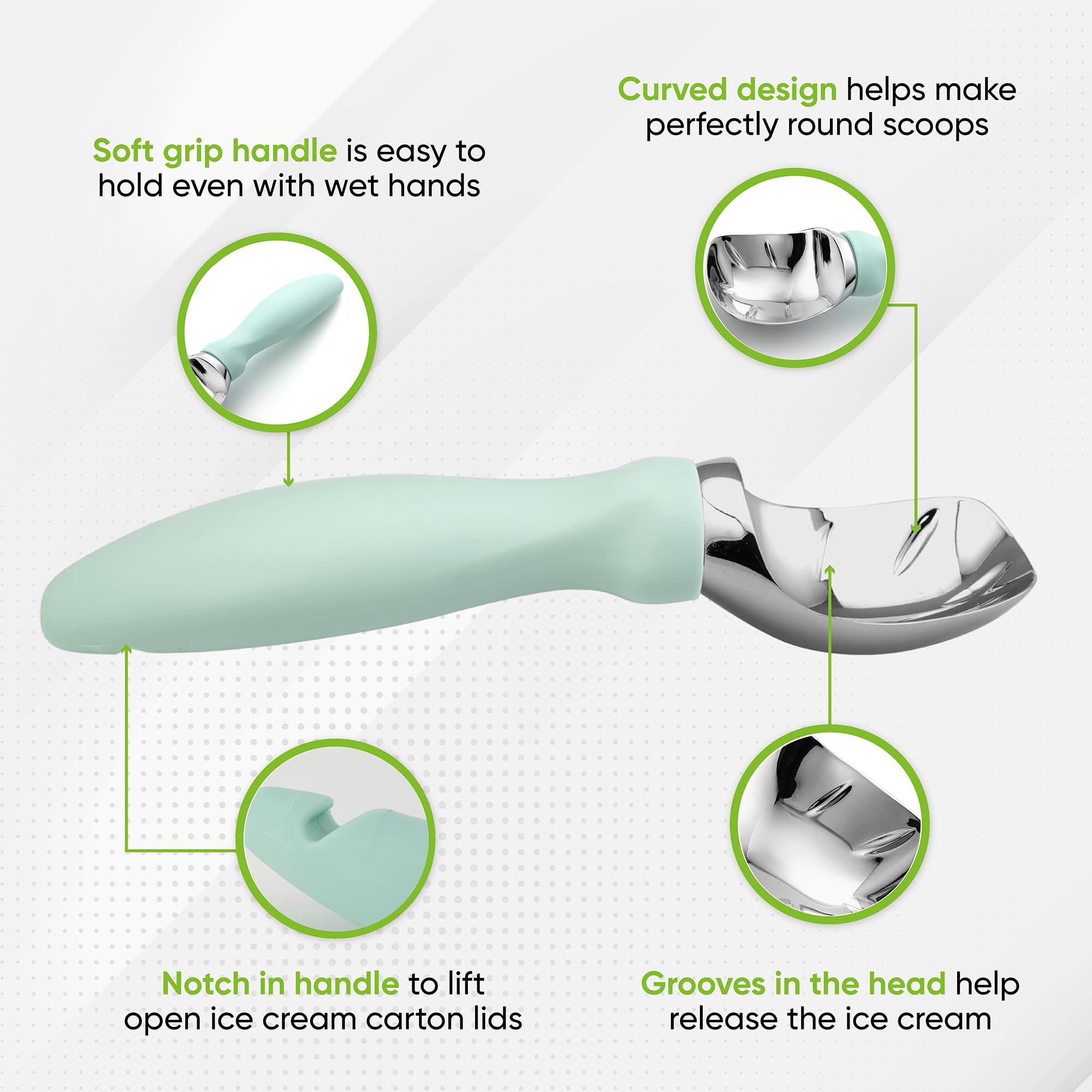 Spring Chef ergonomic soft-grip handle reduces hand fatigue while scooping.