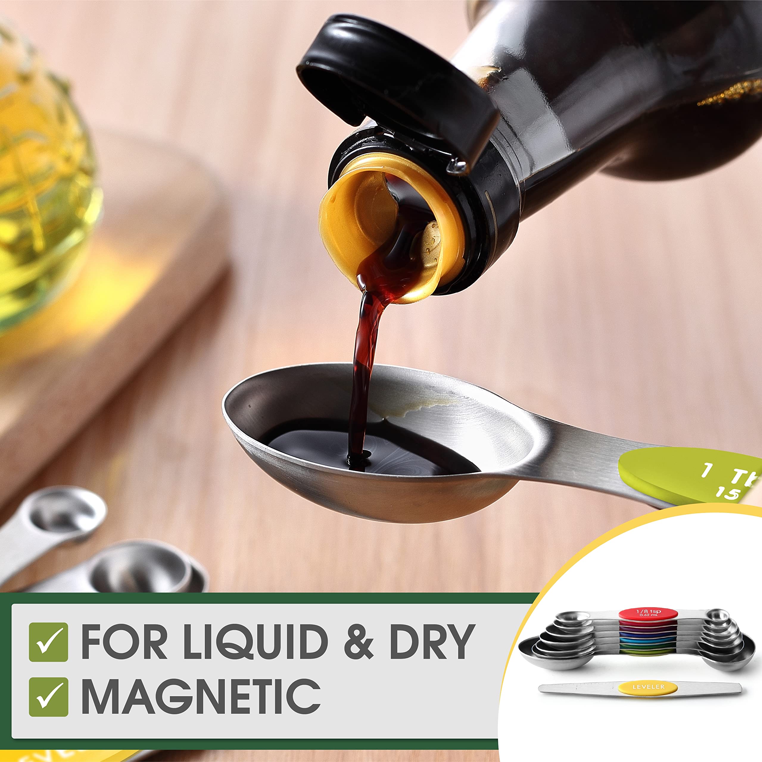 Spring Chef flat-end spoon design prevents spills when pouring liquids