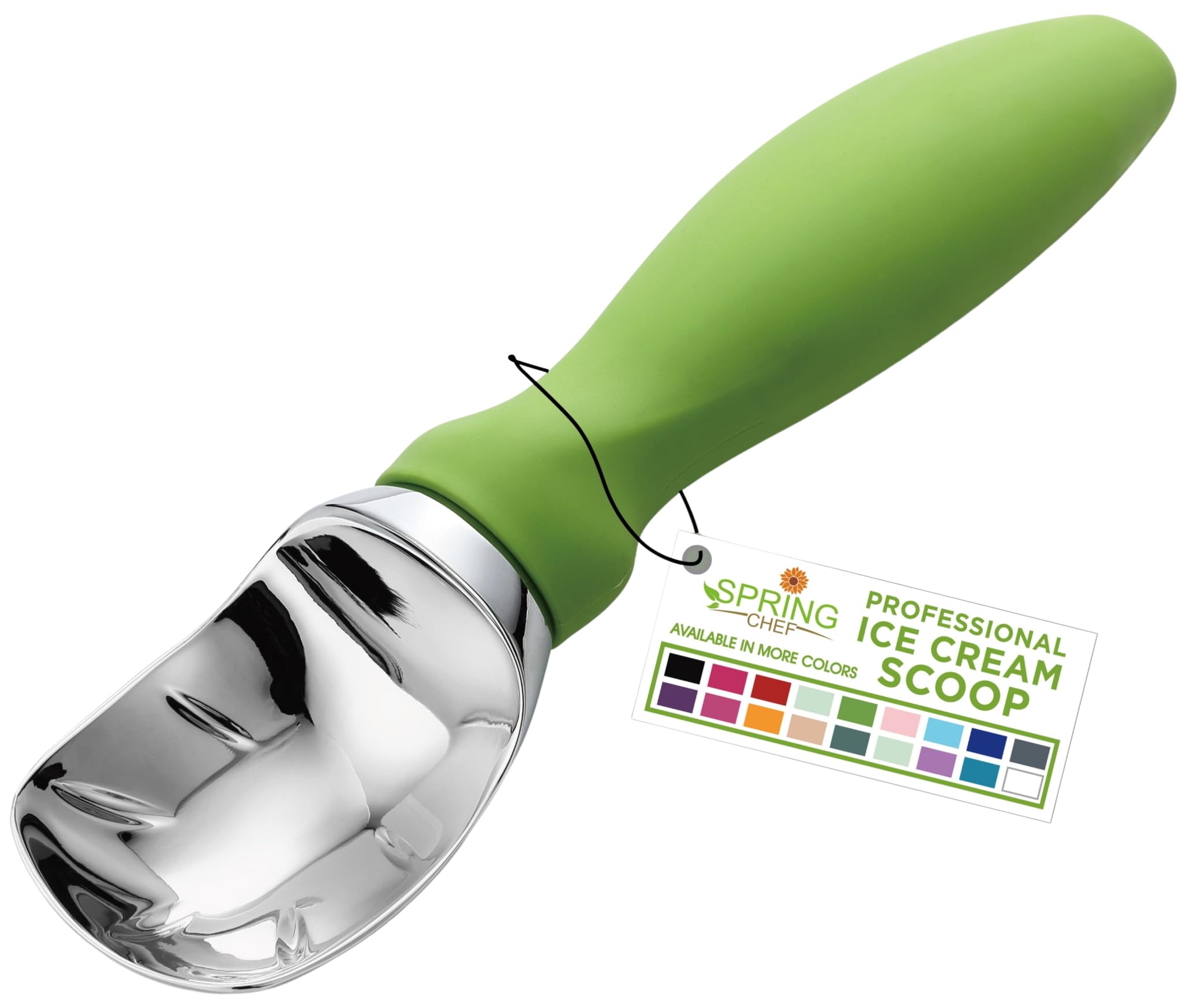 Spring Chef Green heavy-duty ice cream scoop full view, non-slip handle for easy scooping.