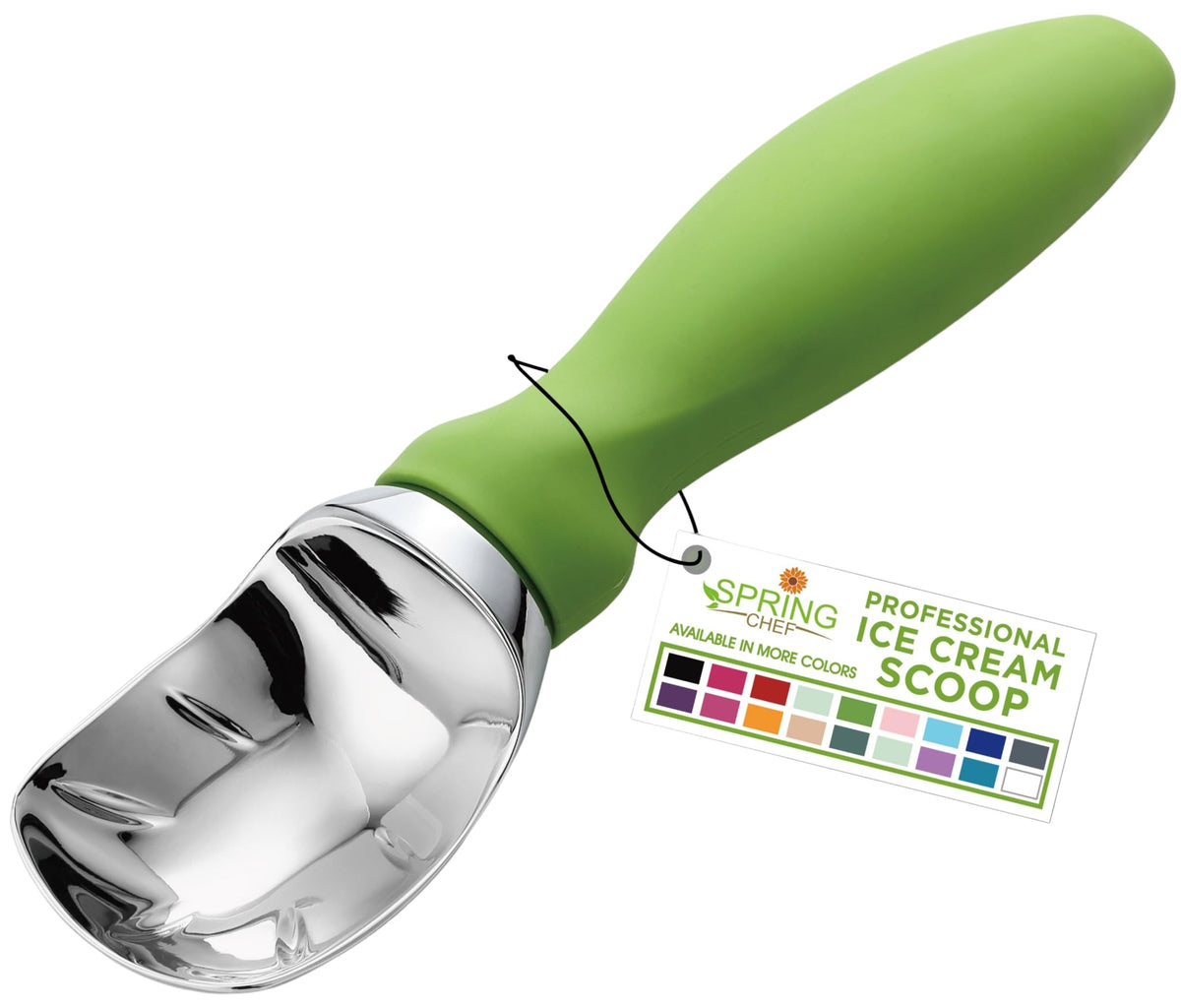 Spring Chef Green heavy-duty ice cream scoop full view, non-slip handle for easy scooping.