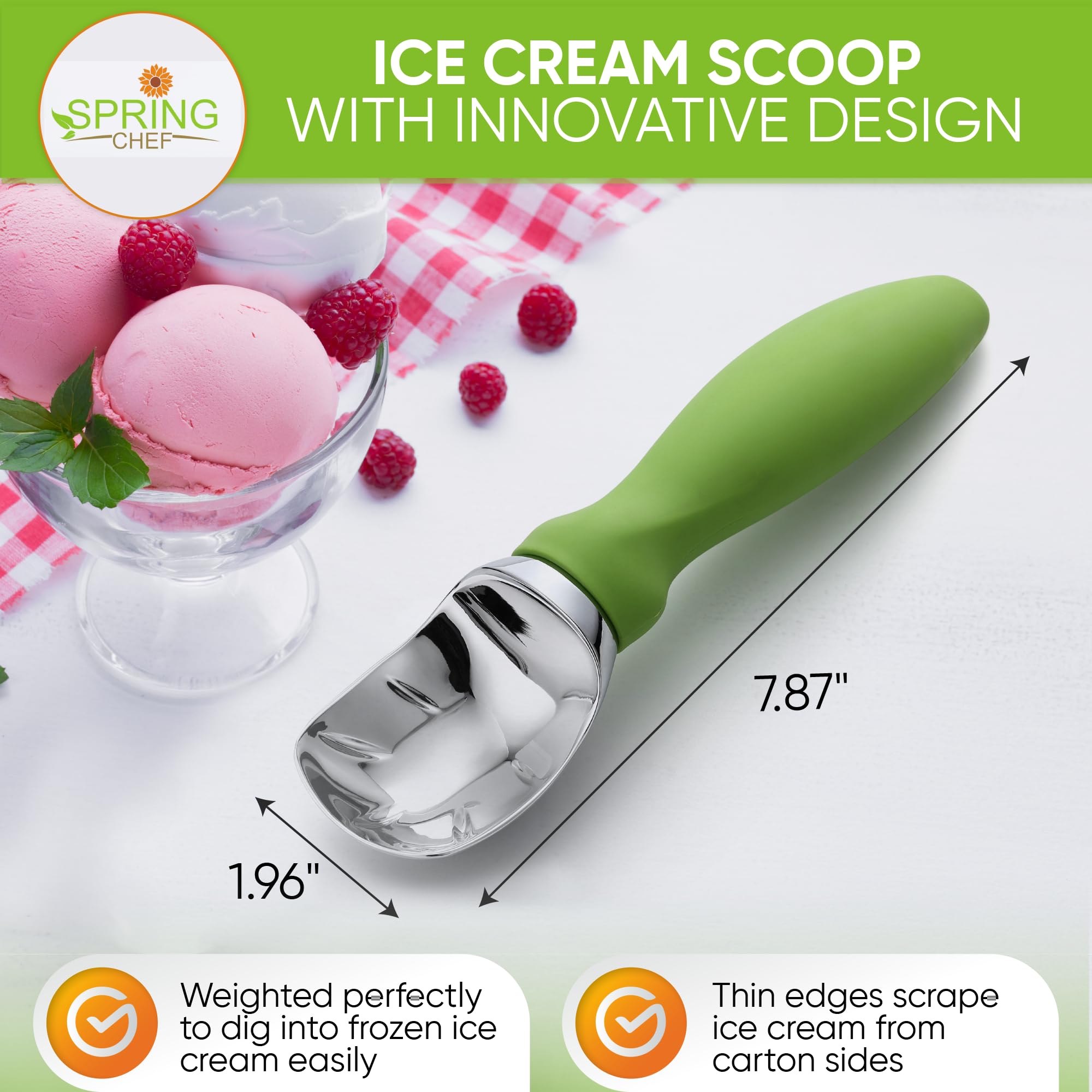 Spring Chef Green scoop close-up, non-slip handle, ergonomic grip reduces hand strain.