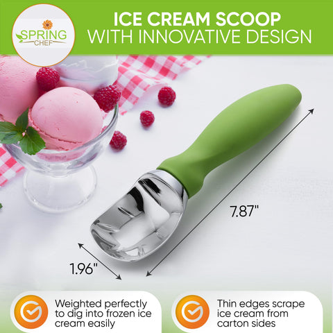 Spring Chef Green scoop close-up, non-slip handle, ergonomic grip reduces hand strain.