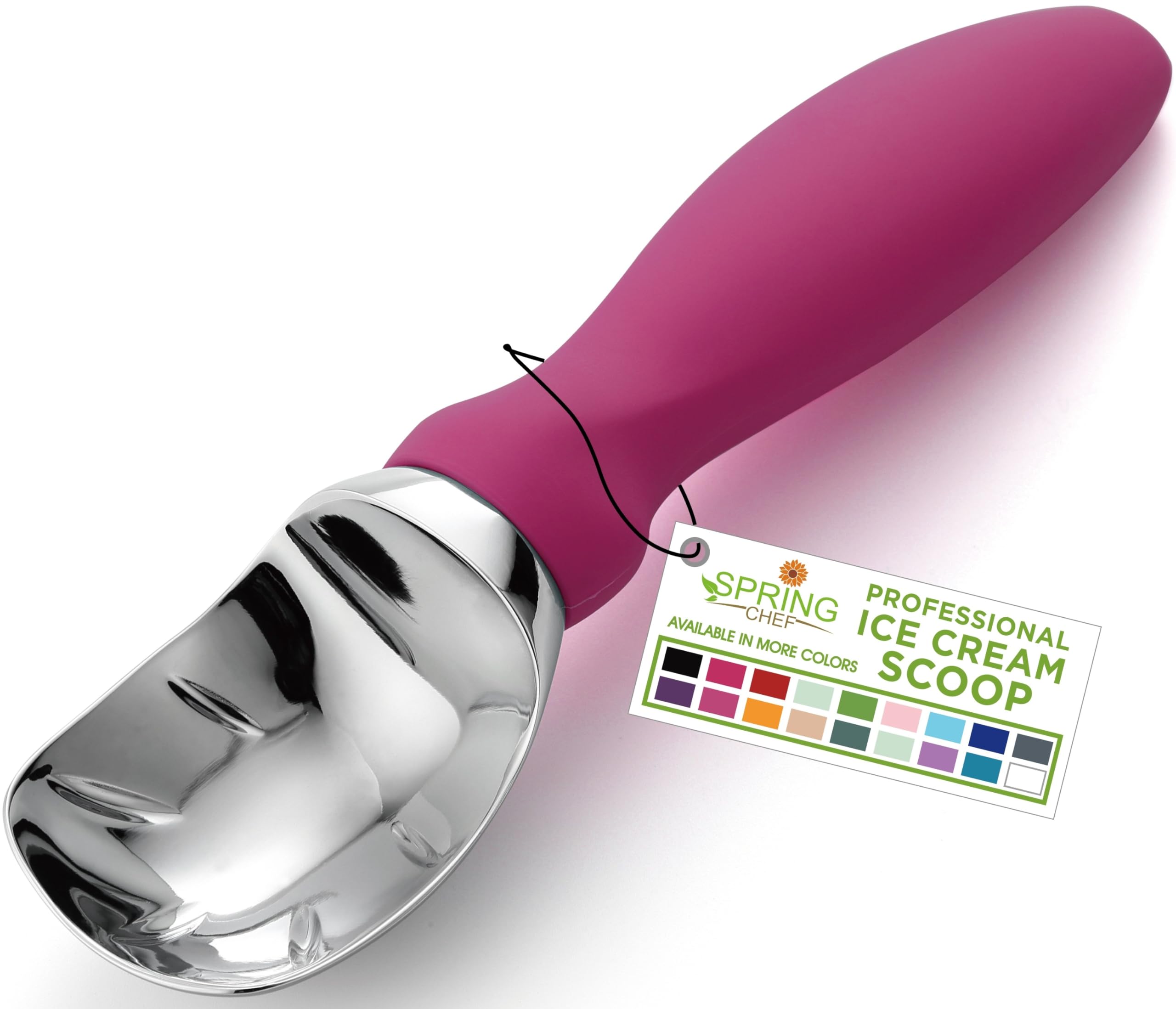 Spring Chef heavy duty ice cream scoop with magenta handle for smooth scooping of hard ice cream.