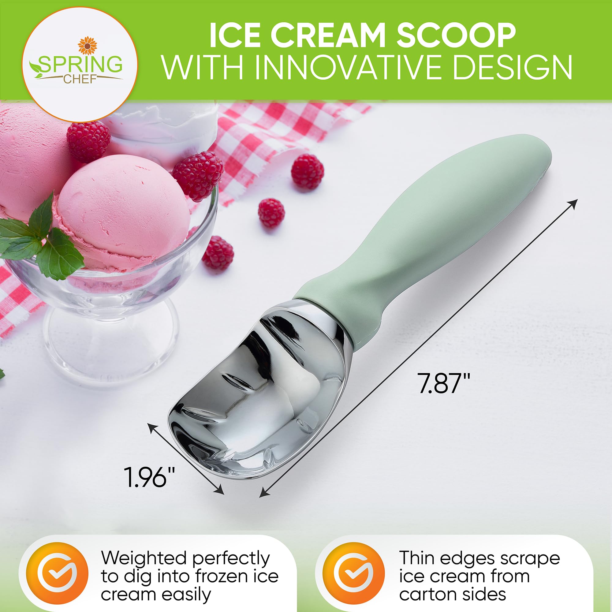Spring Chef ice cream scoop curved design shapes perfect spheres.