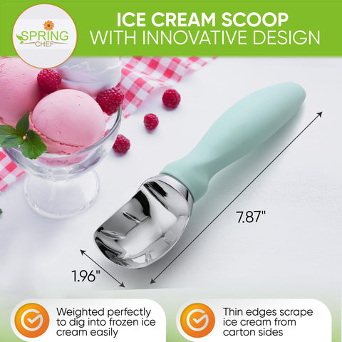 Spring Chef curved-design scoop creates smooth, rounded ice cream spheres.