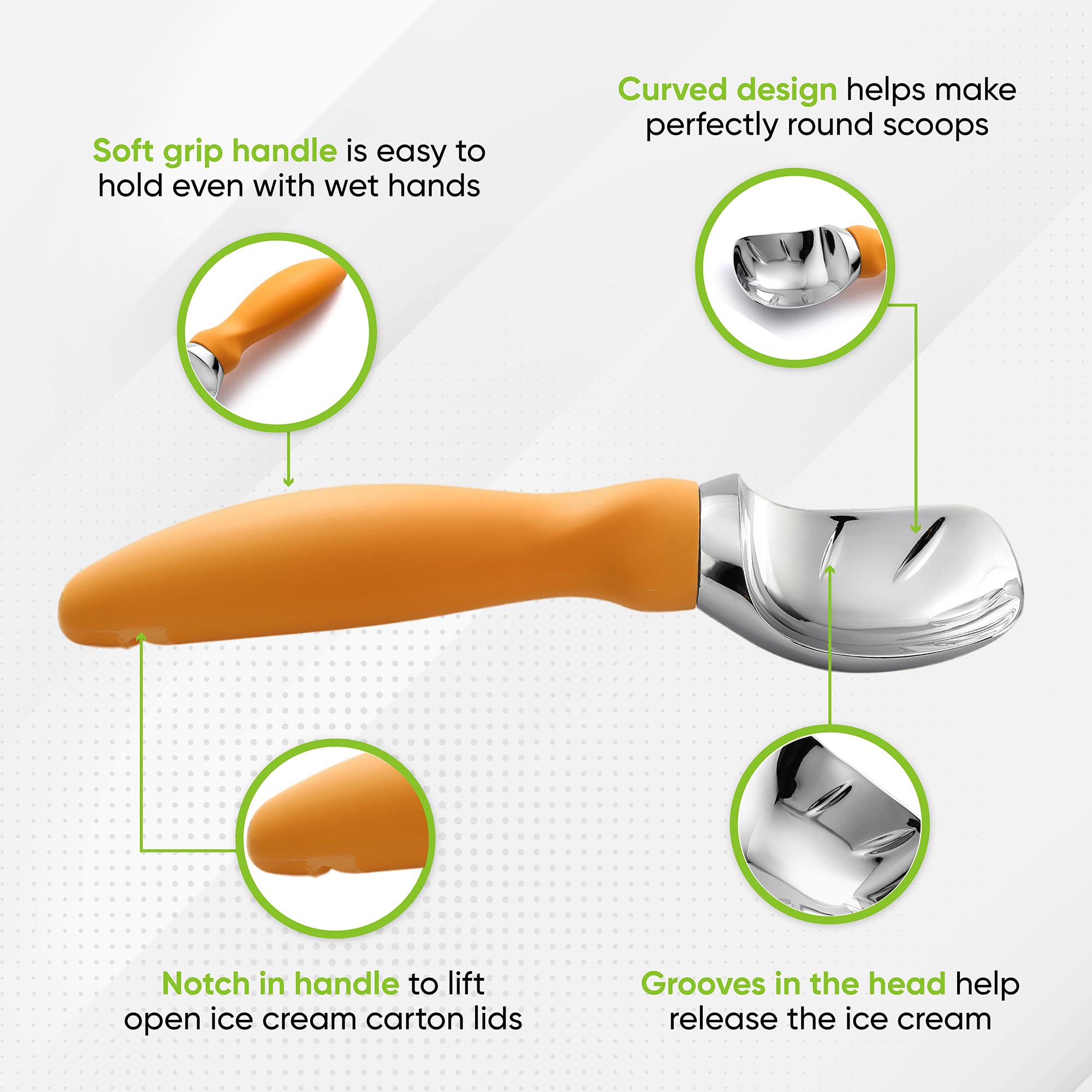 Spring Chef curved-scoop design creates perfect spheres for cones and sundaes