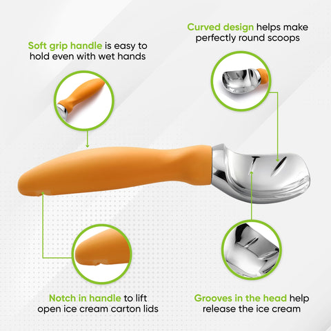 Spring Chef curved-scoop design creates perfect spheres for cones and sundaes
