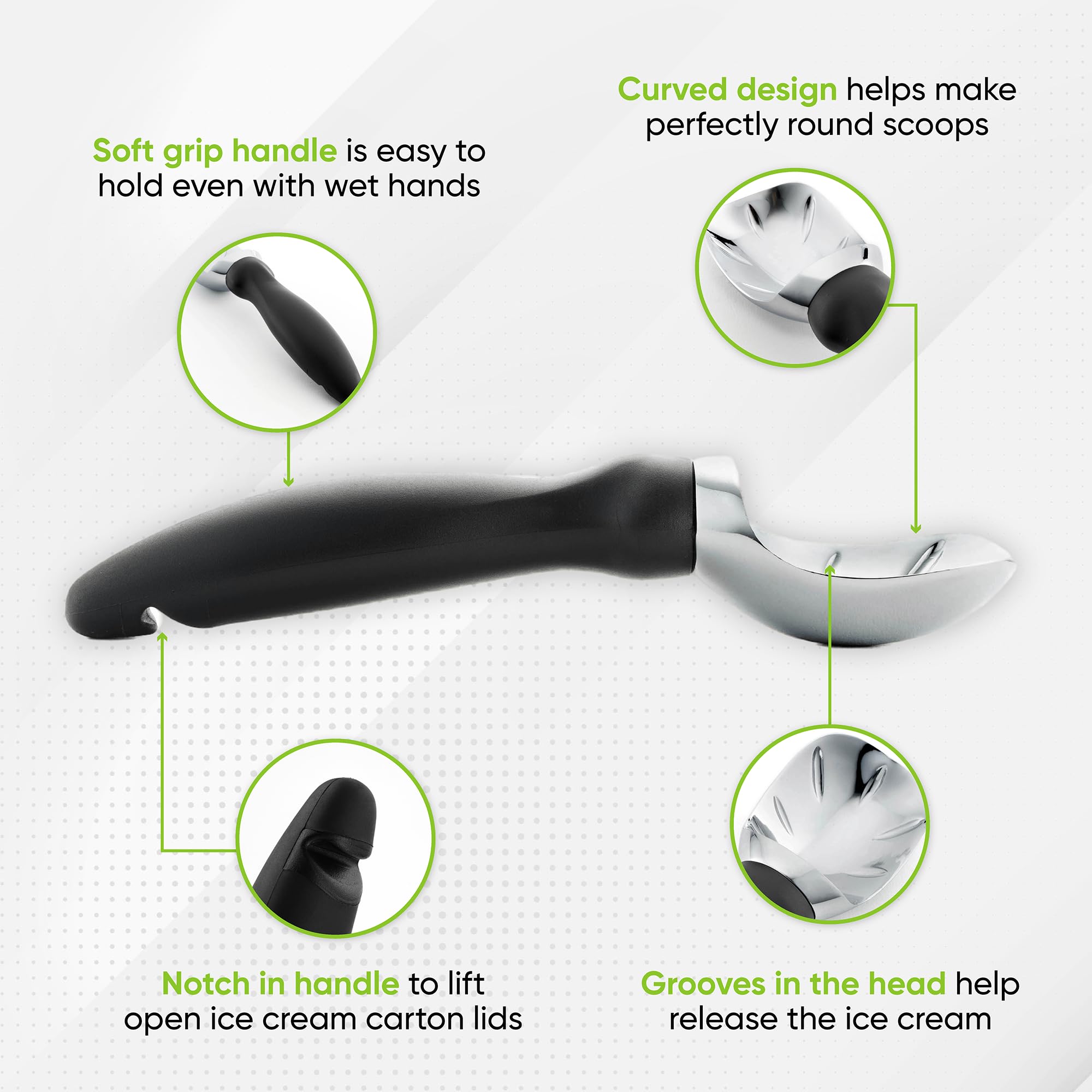 Spring Chef curved-edge scoop creates elegant ice cream curls.