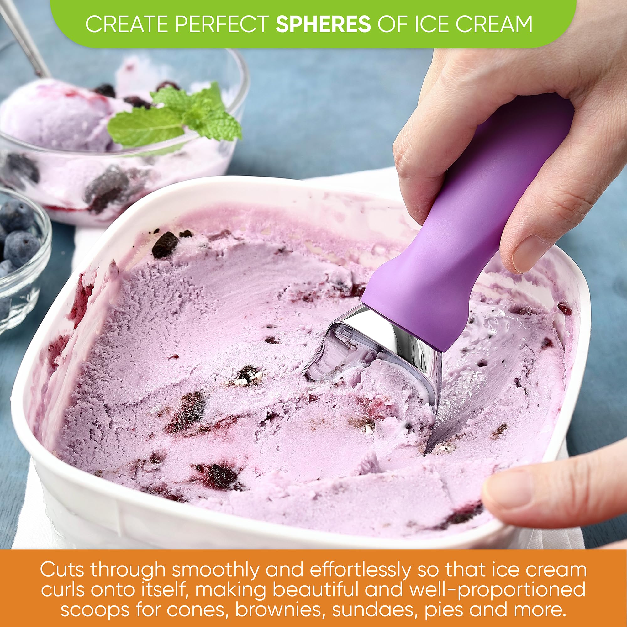 Spring Chef scoop curved edge helps curl ice cream into shapes.