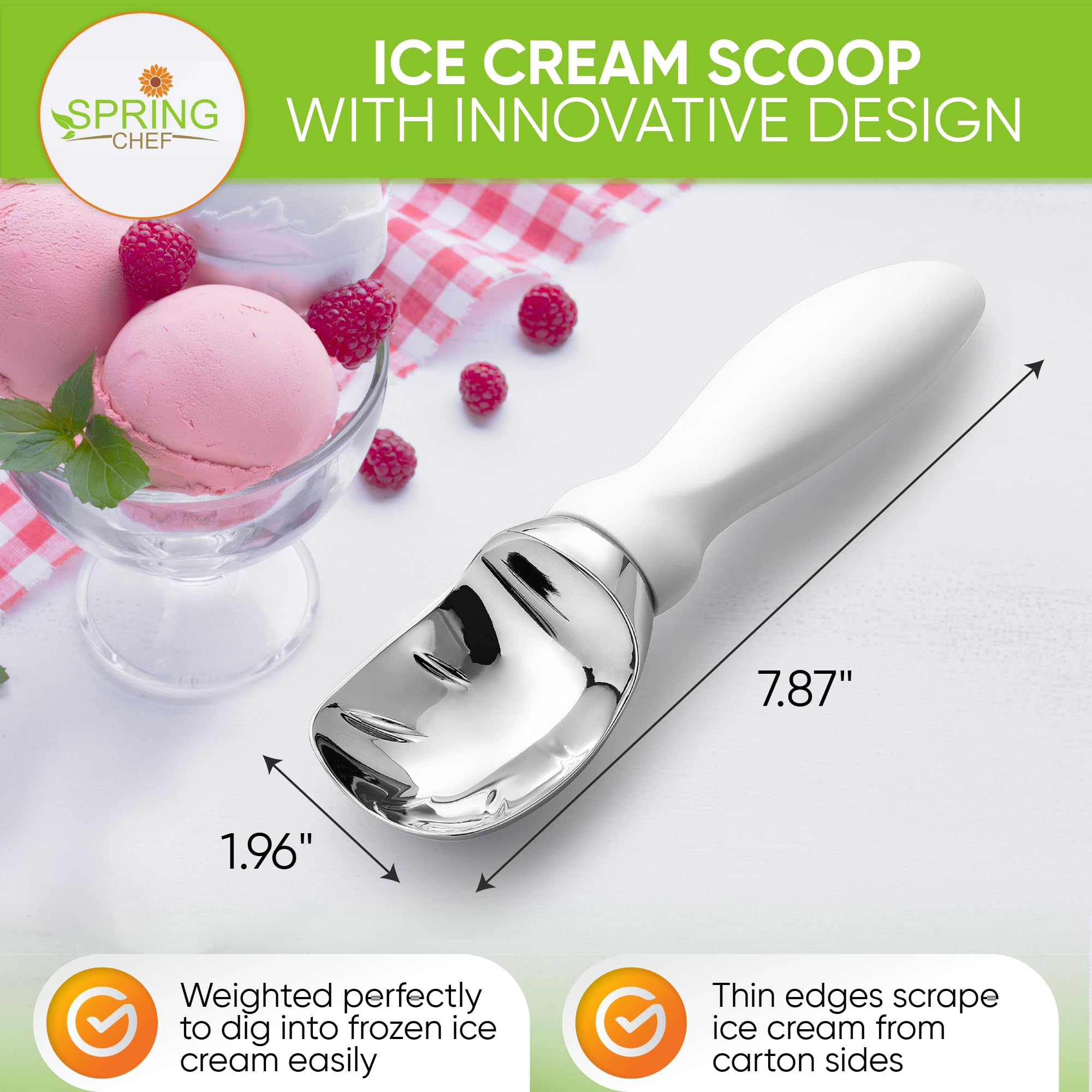 Spring Chef ice cream scoop curved edge creates smooth curls for appealing servings.