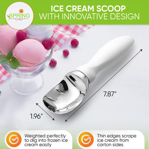 Spring Chef ice cream scoop curved edge creates smooth curls for appealing servings.