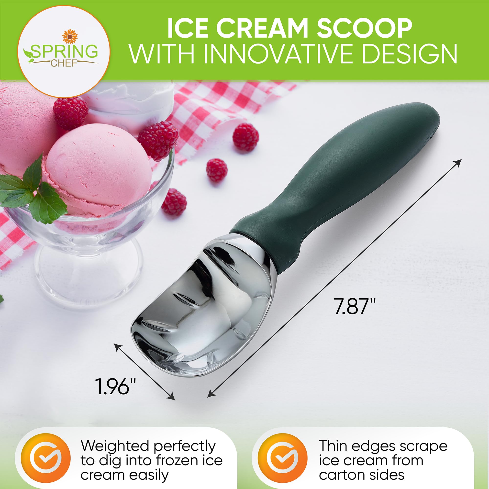 Spring Chef ice cream scoop curved-scoop-design enables perfect curls and even portioning.