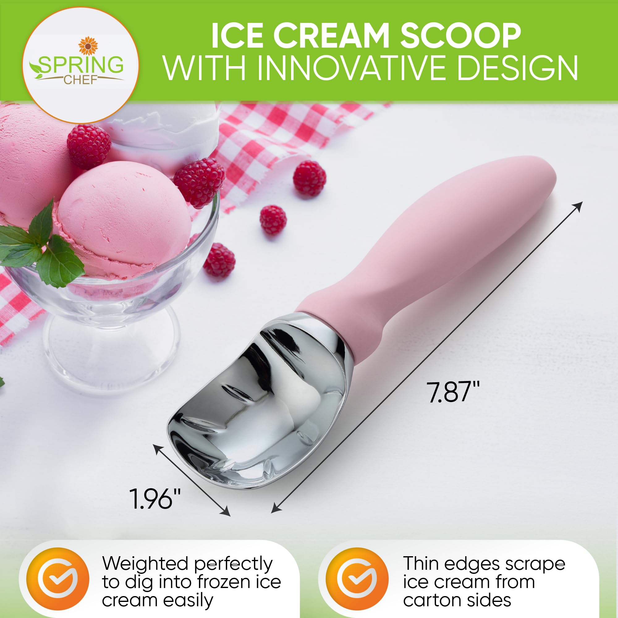 Spring Chef ice cream scoop curved design helps form neat spheres with less effort.