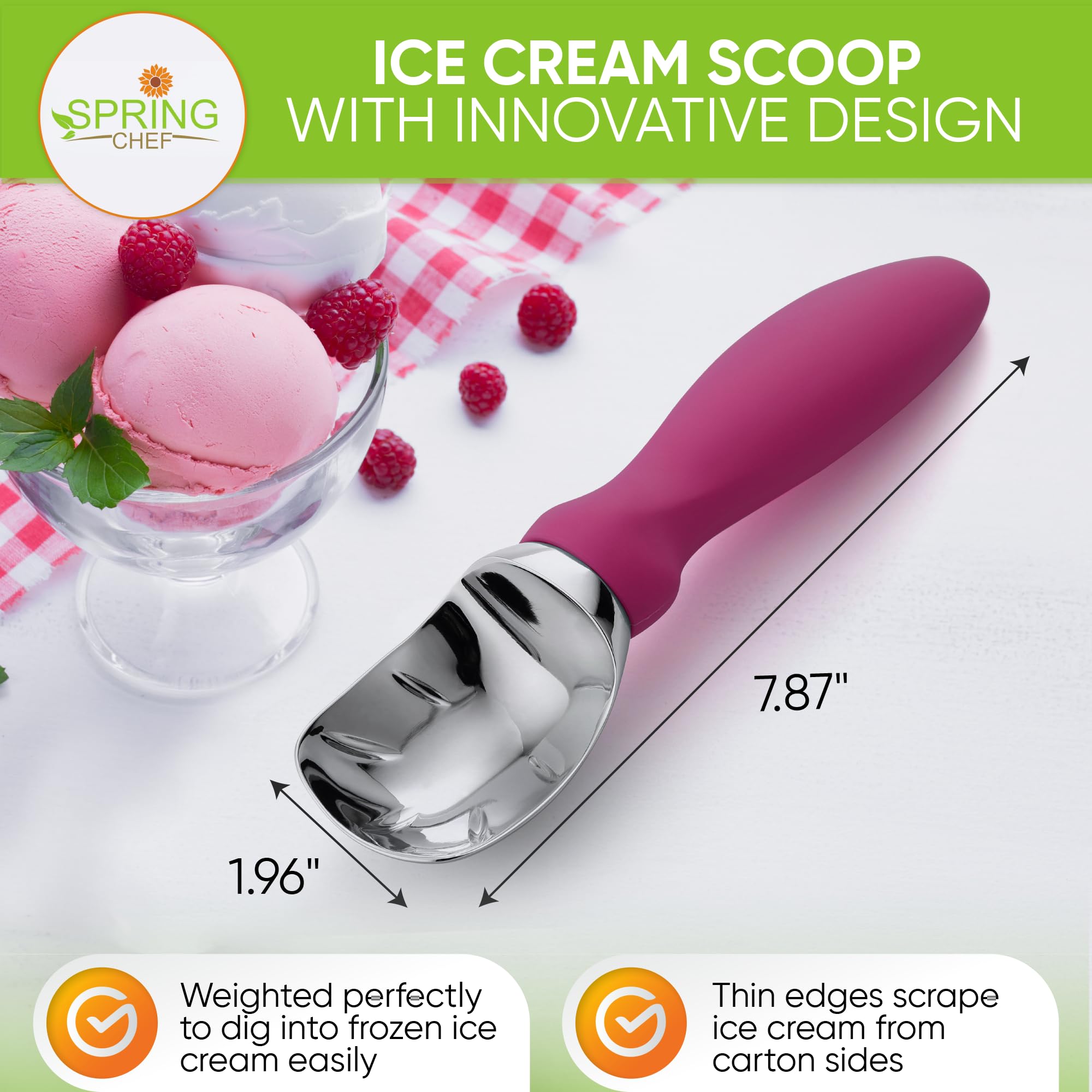 Spring Chef ice cream scoop curved scoop creates perfect curls for impressive sundaes.