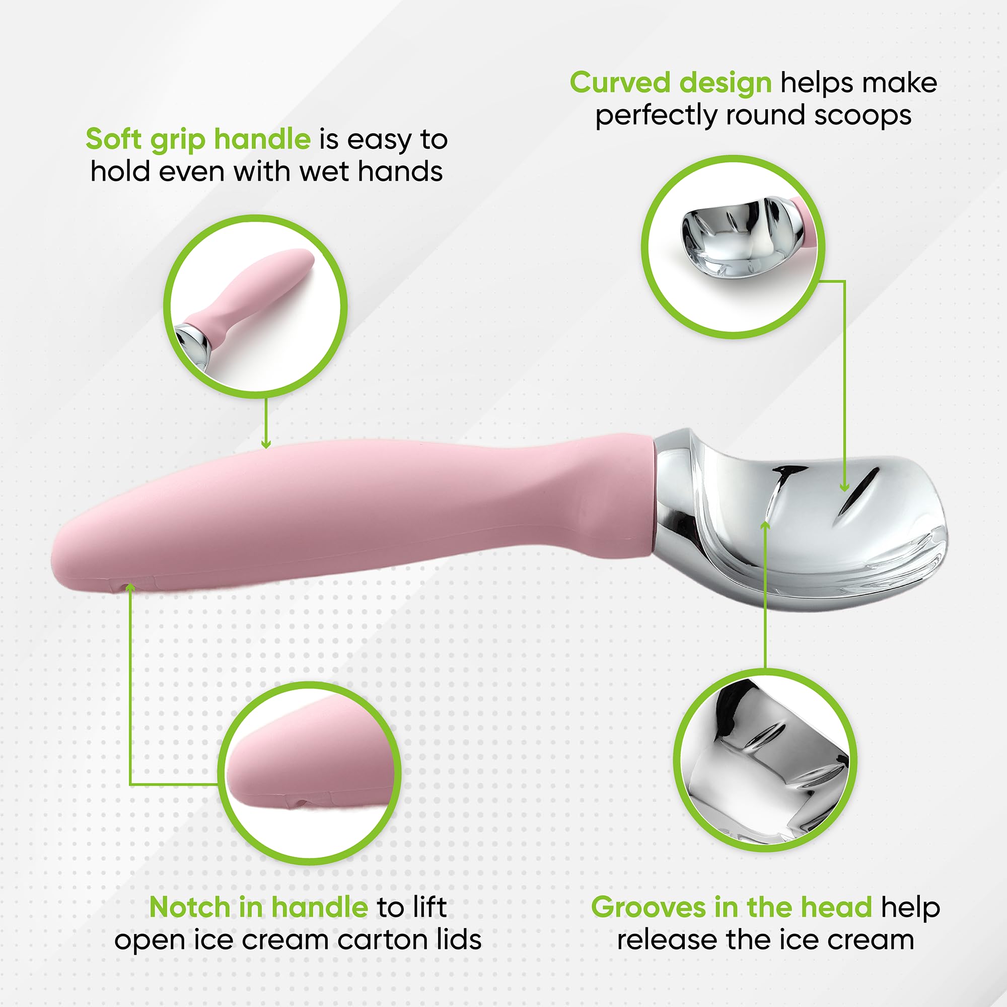 Spring Chef ice cream scoop ergonomic handle reduces hand fatigue during long scooping sessions.