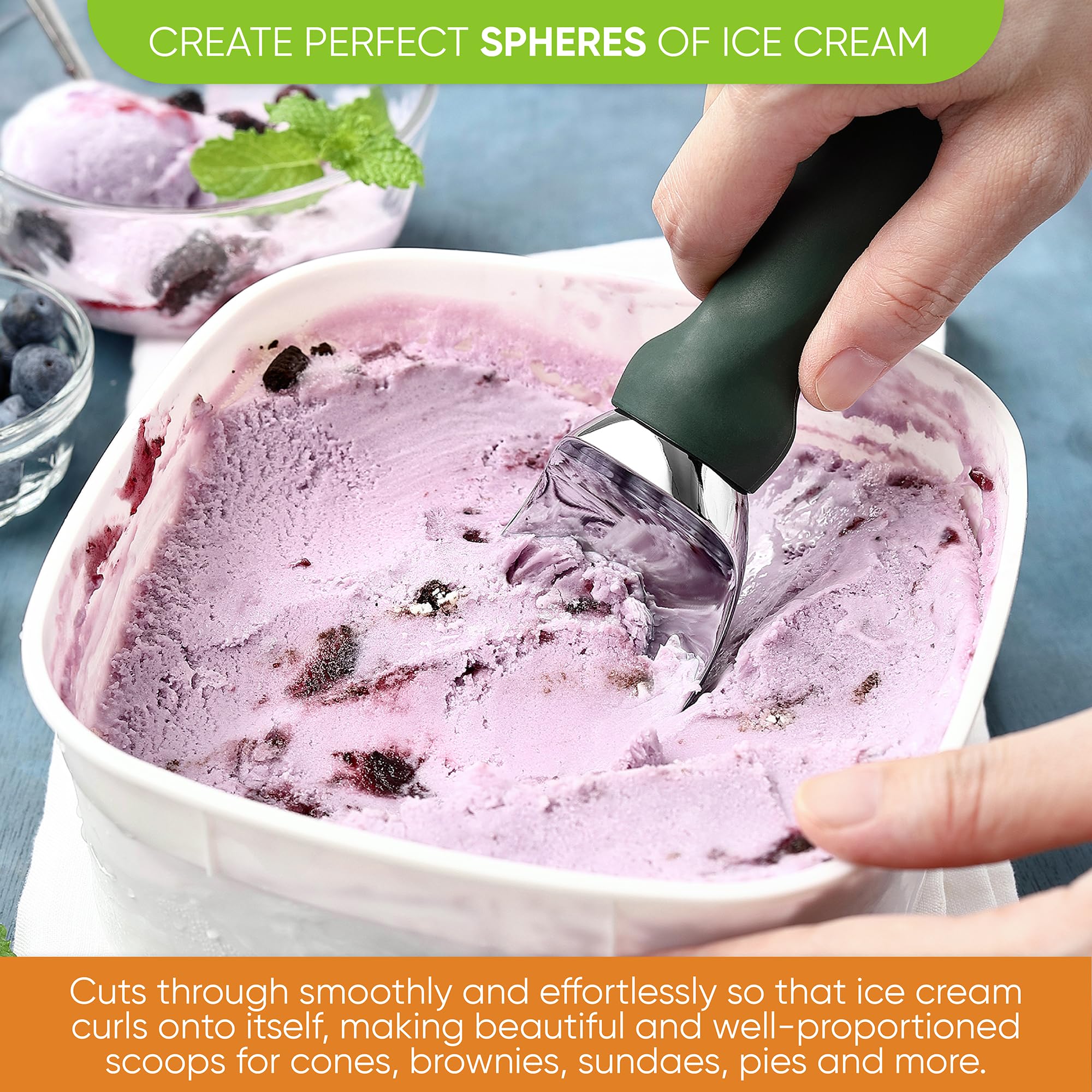 Spring Chef ice-cream-scoop creates perfectly spherical servings and cleanly portioned scoops.