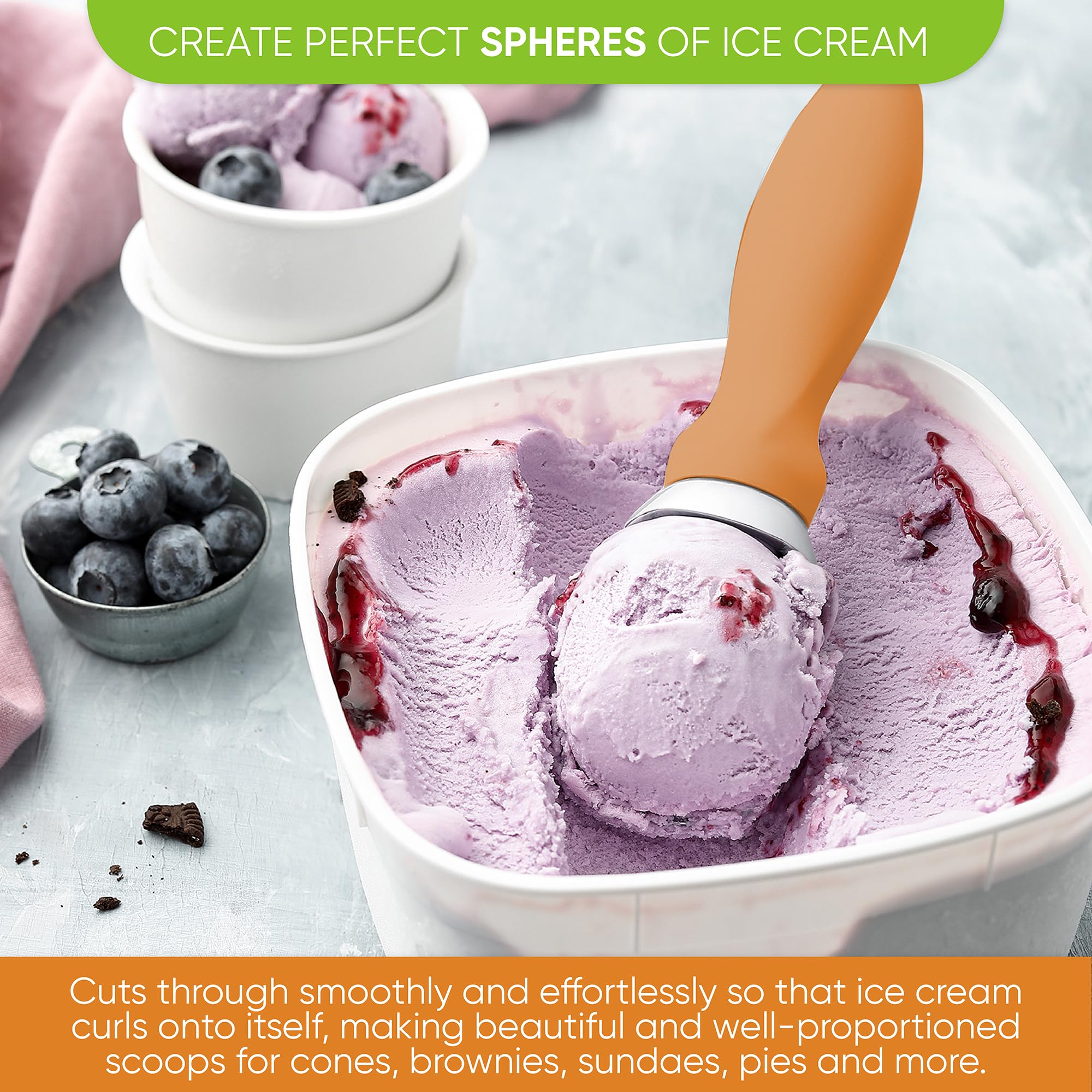 Spring Chef scoop with thin edge reaches corners of cartons