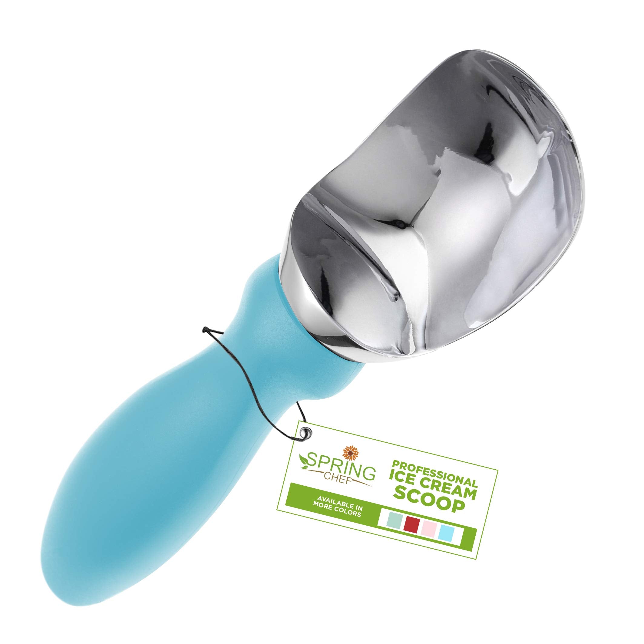Spring Chef ice cream scoop with soft grip aqua sky in hand for smooth, effortless scooping.