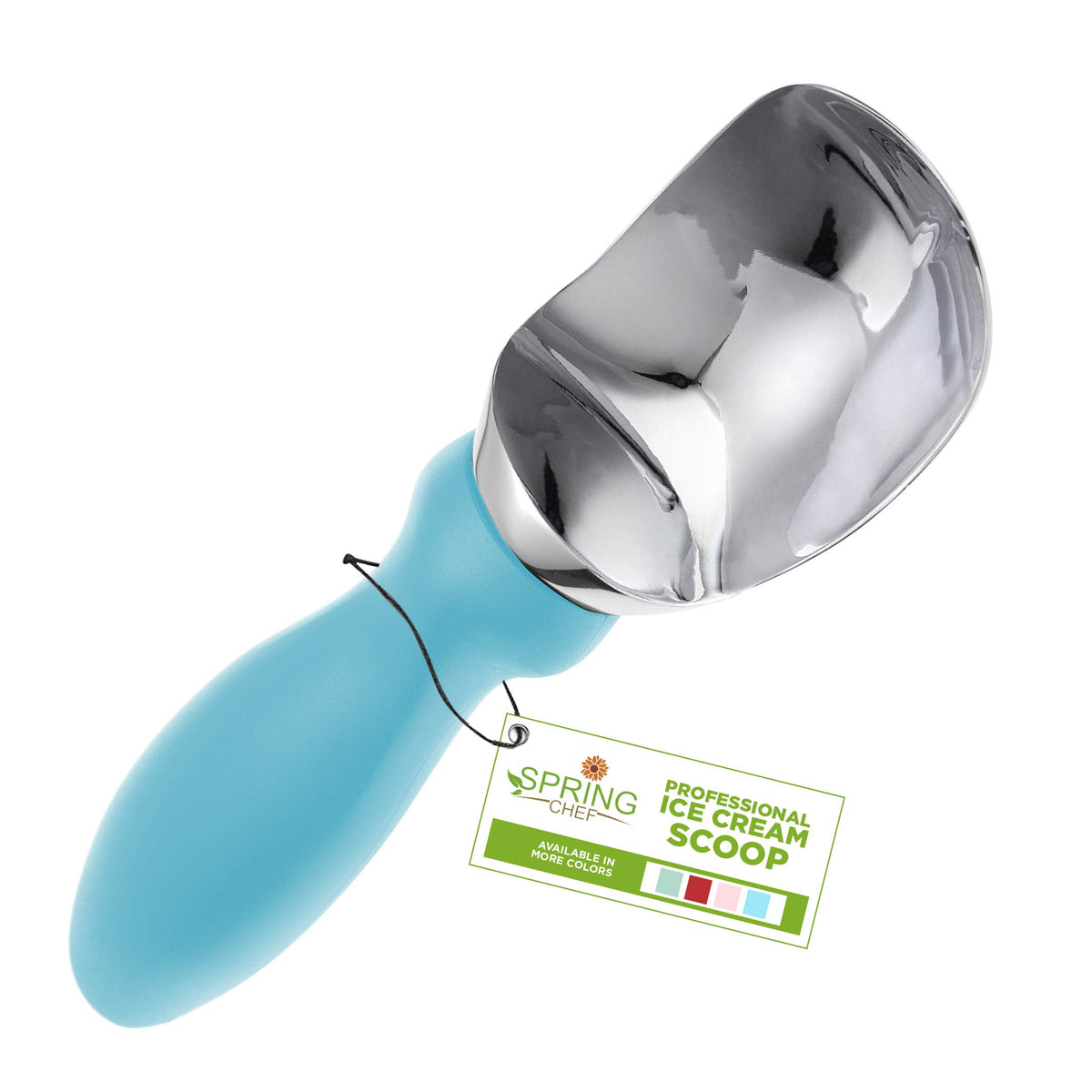 Spring Chef ice cream scoop with soft grip aqua sky in hand for smooth, effortless scooping.