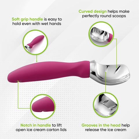 Spring Chef ice cream scoop thin edge digs into corners for complete servings.