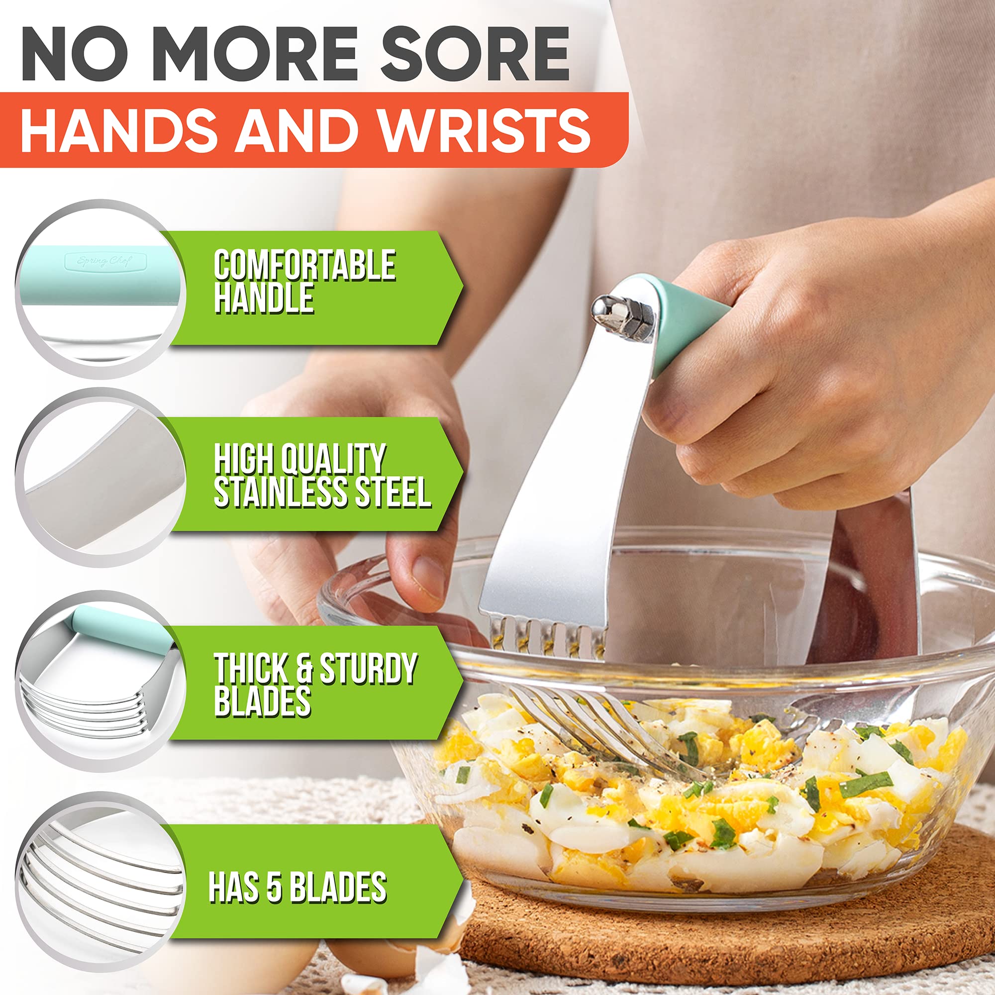 Spring Chef large mint dough blender ergonomic soft-grip handle in hand