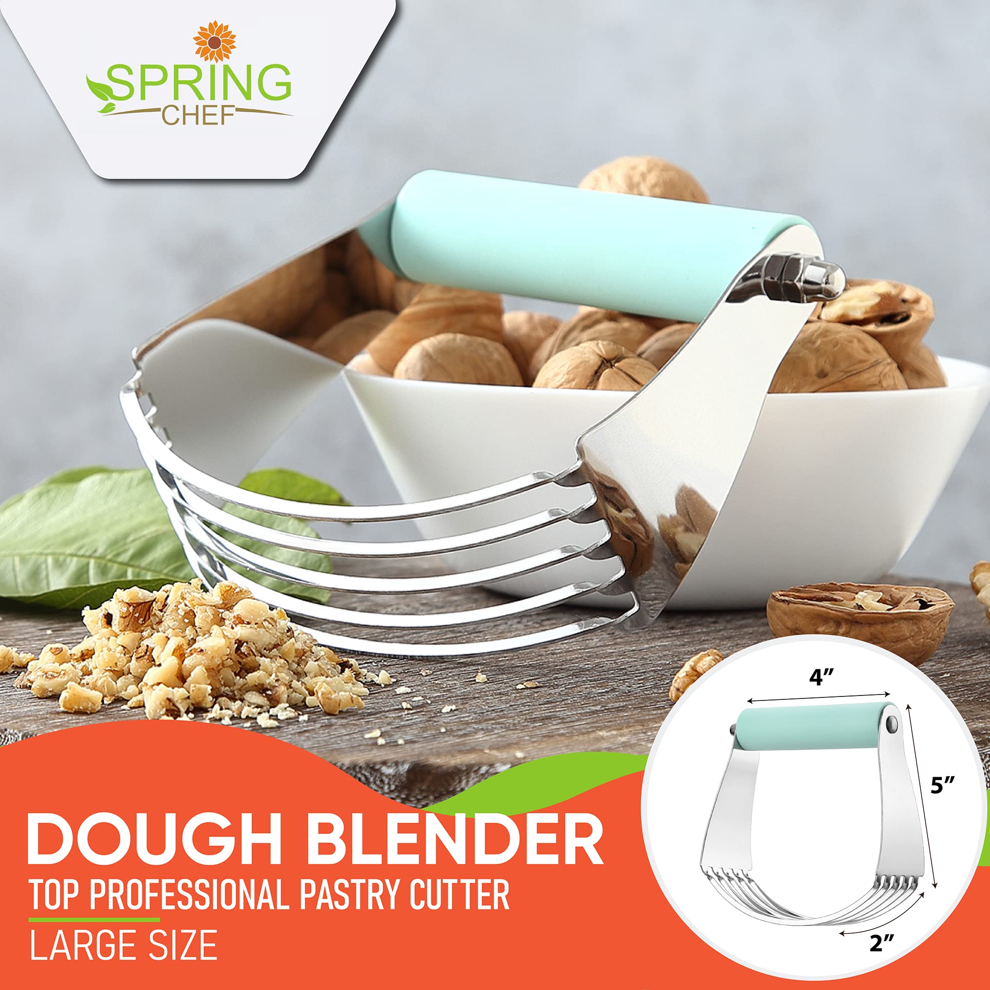 Spring Chef large mint dough blender stainless steel blades close-up showing durability
