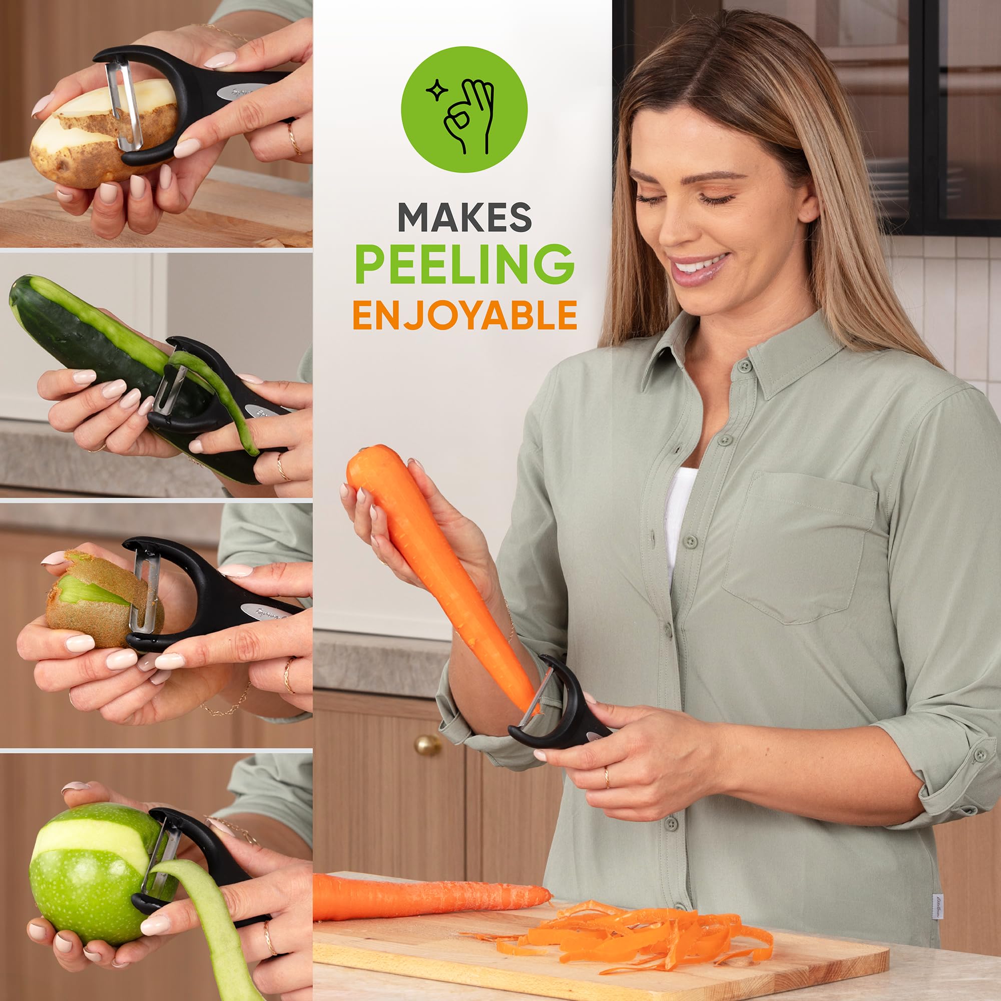 Spring Chef lightweight peeler reduces hand fatigue during prep.