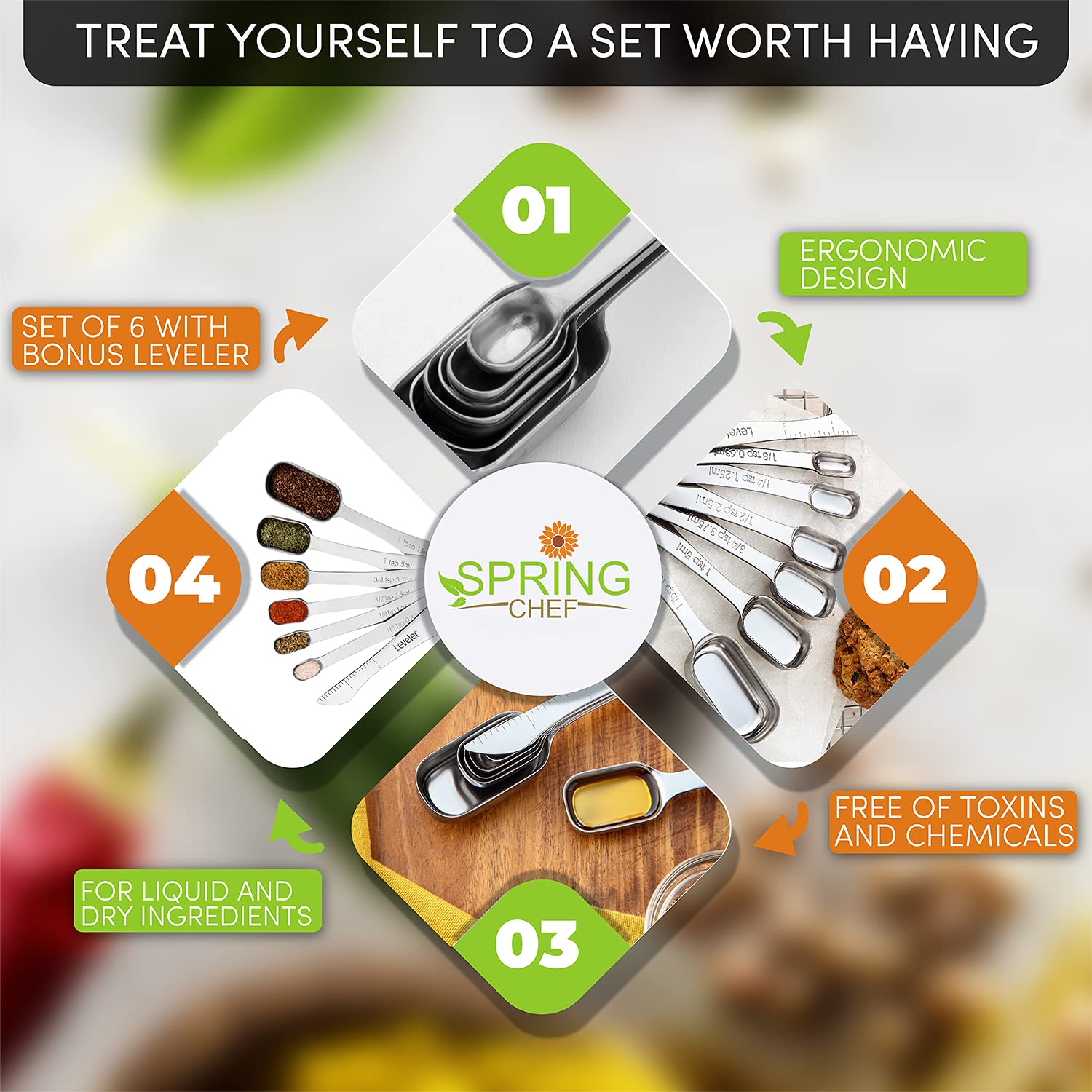 Spring Chef long handles provide comfortable grip for scooping ingredients.