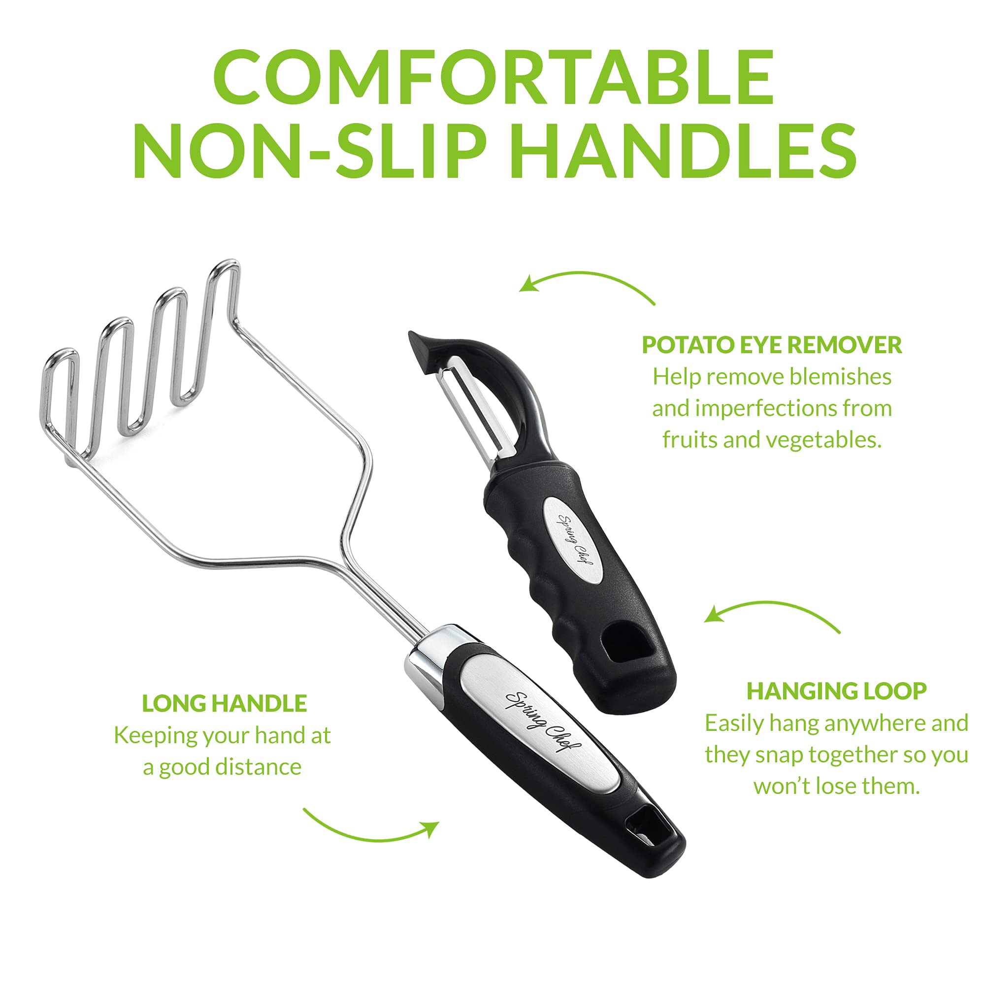 Spring Chef masher with long ergonomic handle keeps hands away from heat.