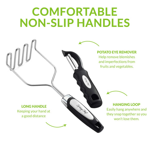 Spring Chef masher with long ergonomic handle keeps hands away from heat.
