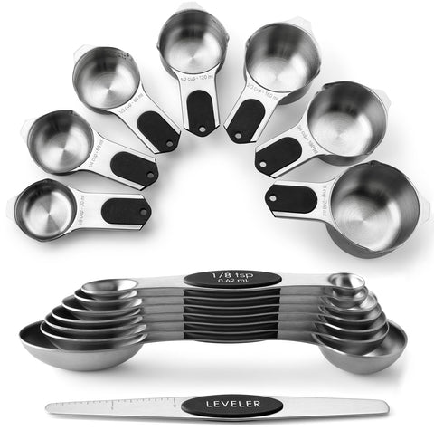 Spring Chef magnetic measuring cups and spoons with strong N45 magnets nest securely.