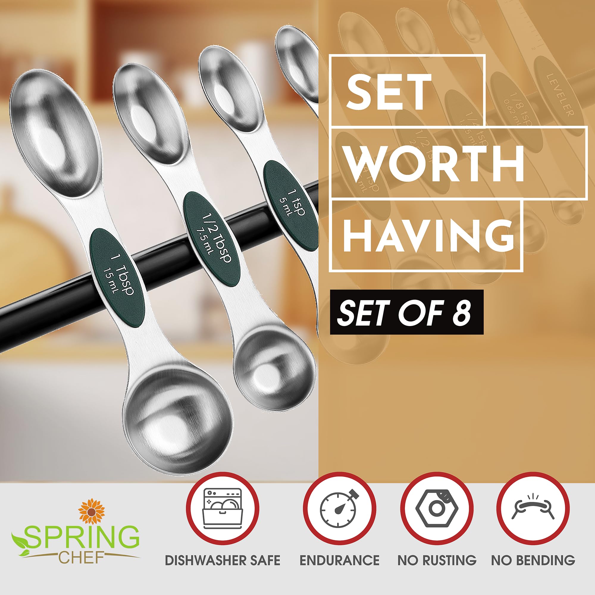 Spring Chef measuring spoons stacked for space-saving pine green color