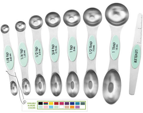 Spring Chef magnetic measuring spoons with leveler in mint finish for precise dry measurements.