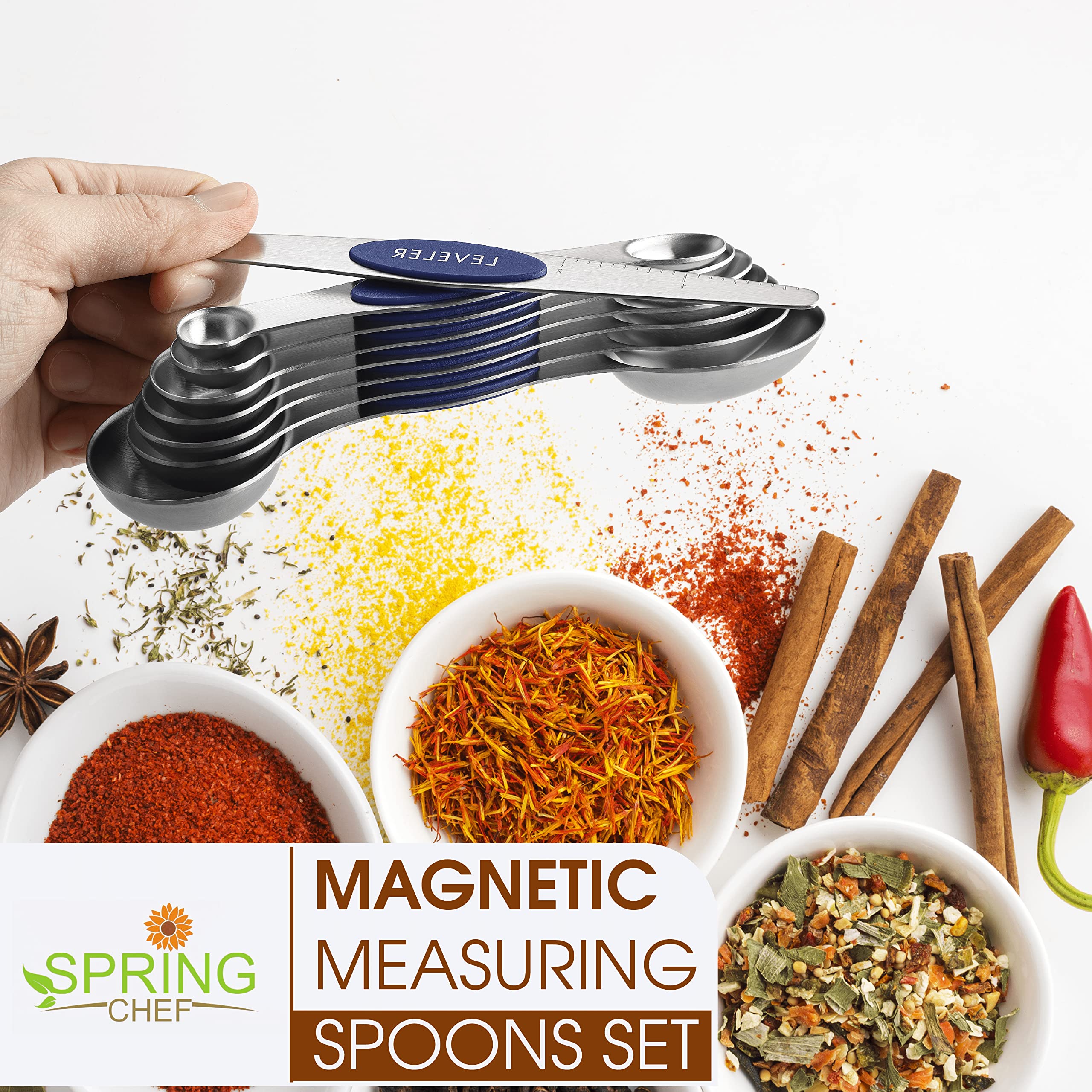 Spring Chef stainless steel spoons nest magnetically for easy storage.