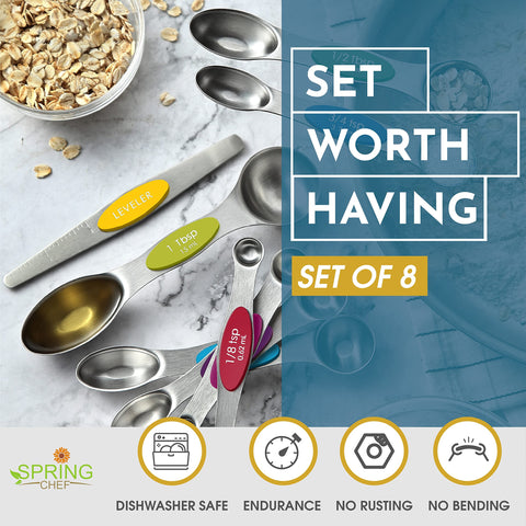 Spring Chef magnets keep spoons stacked neatly for easy storage and access.