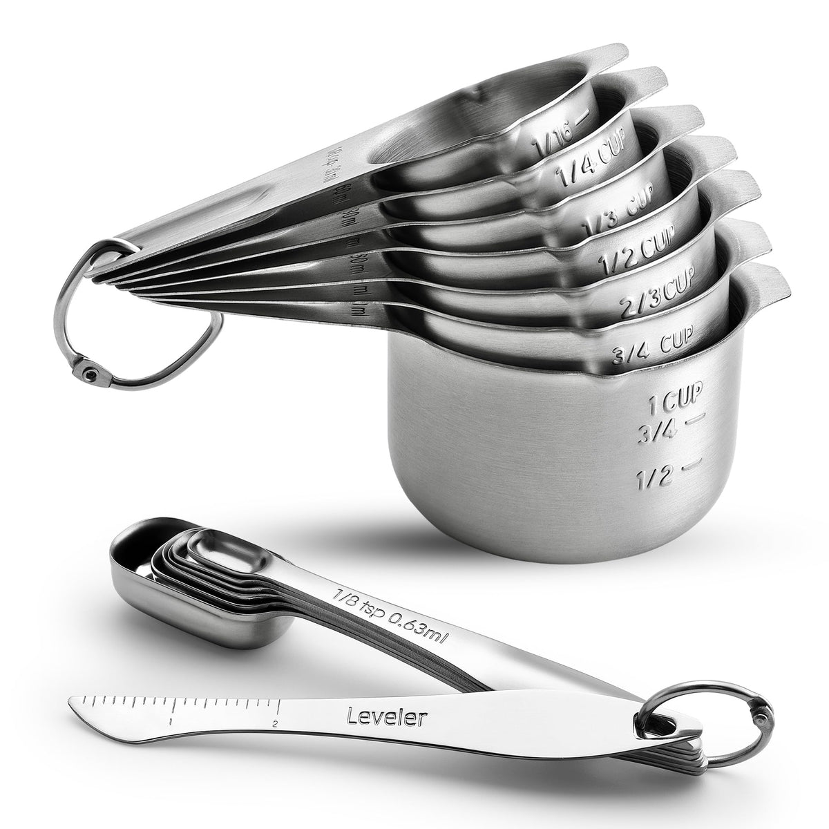 Spring Chef measuring cups and spoons with leveler and ring for precise, tidy measuring.